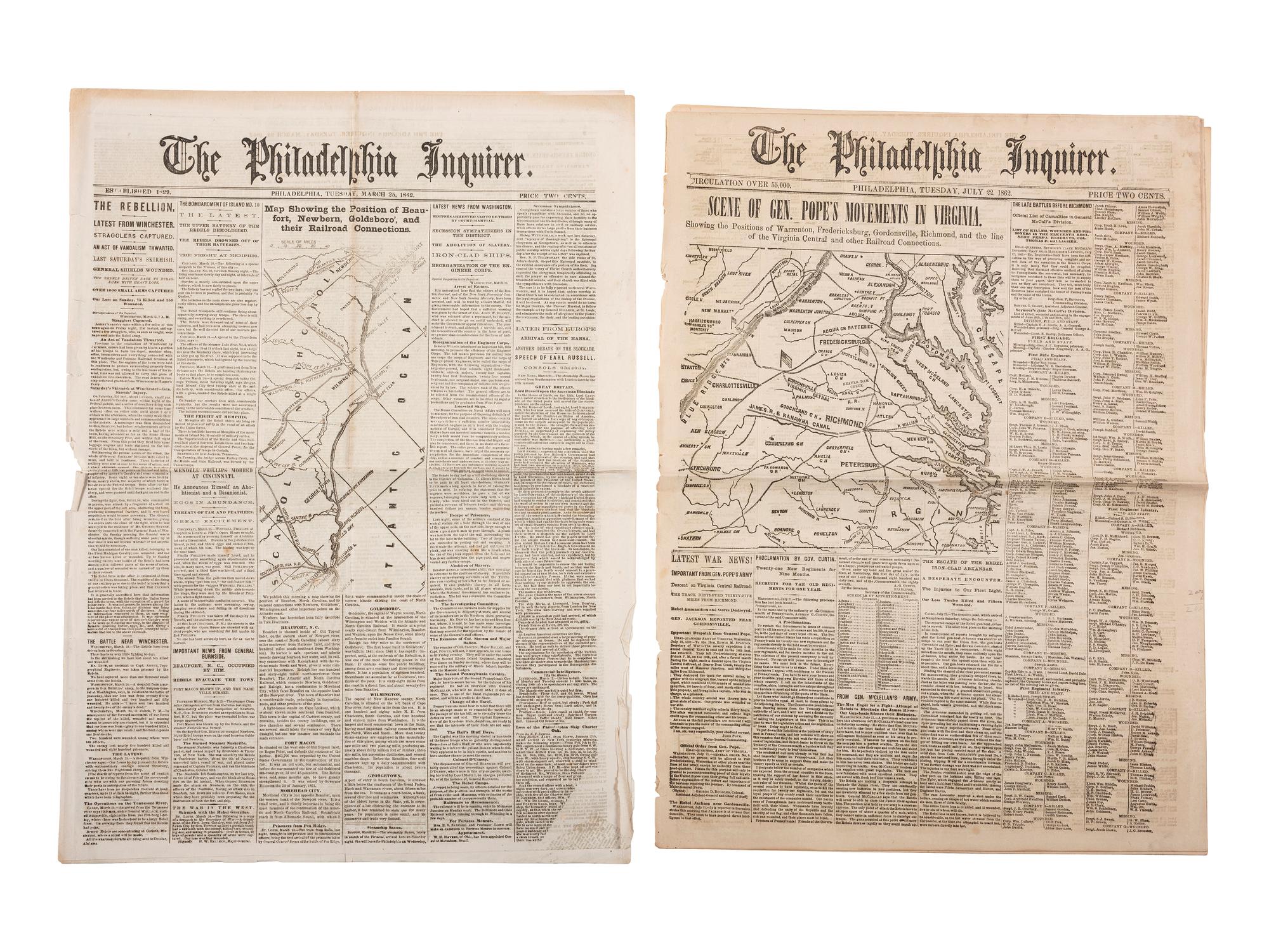[CIVIL WAR]. 100+ issues of the Philadelphia Inquirer, New York Herald, and New York Tribune.