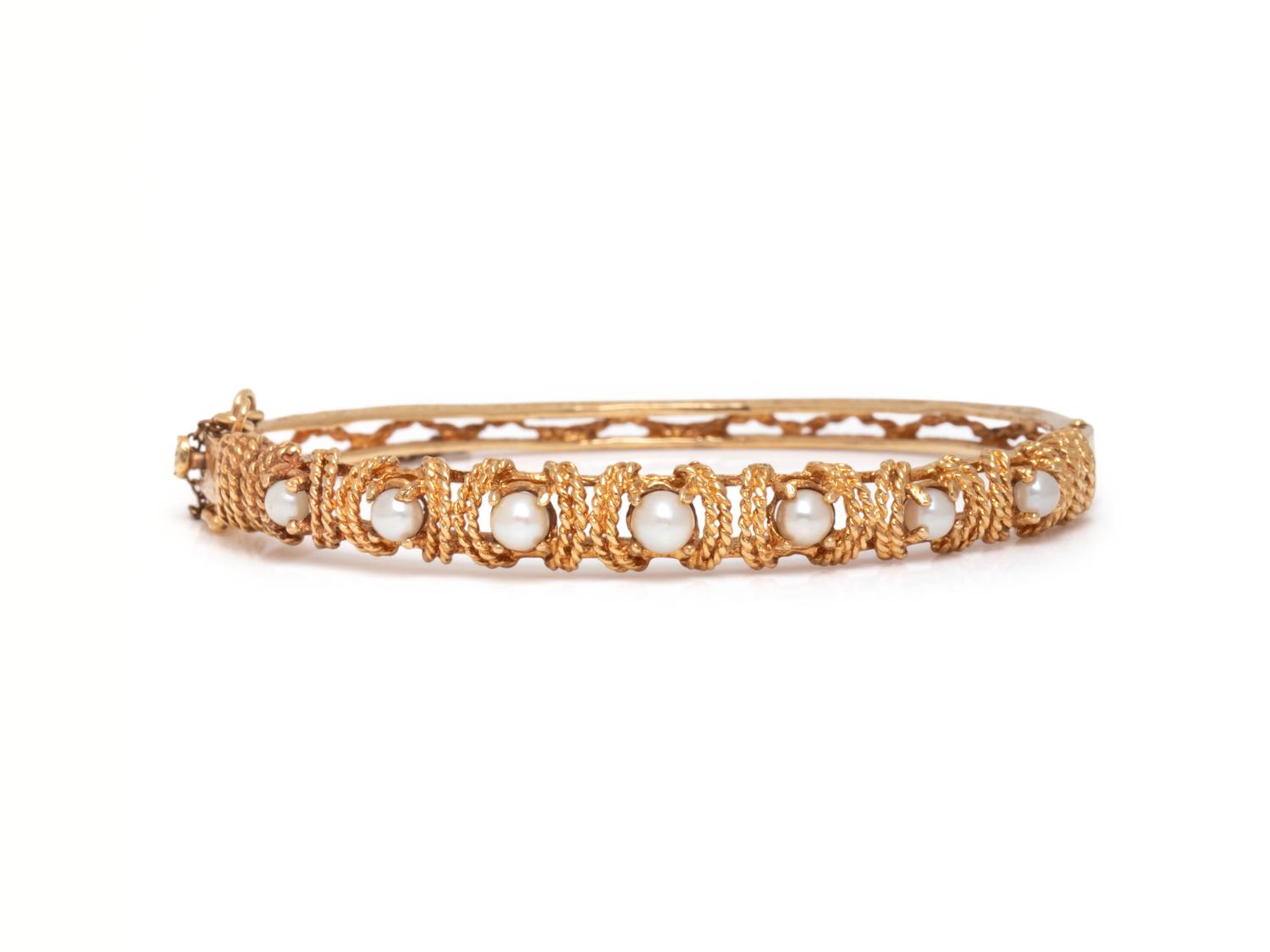 YELLOW GOLD AND CULTURED PEARL BANGLE BRACELET