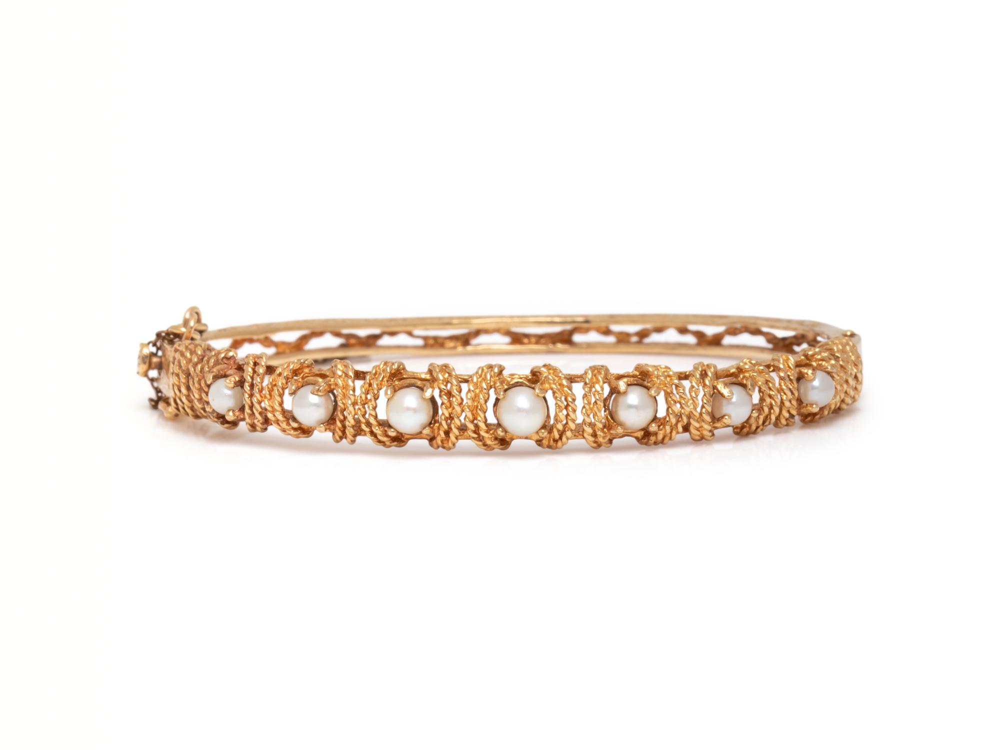 YELLOW GOLD AND CULTURED PEARL BANGLE BRACELET
