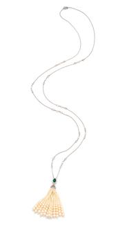 Cultured Pearl, Emerald, Diamond and Clear Stone Sautoir Necklace