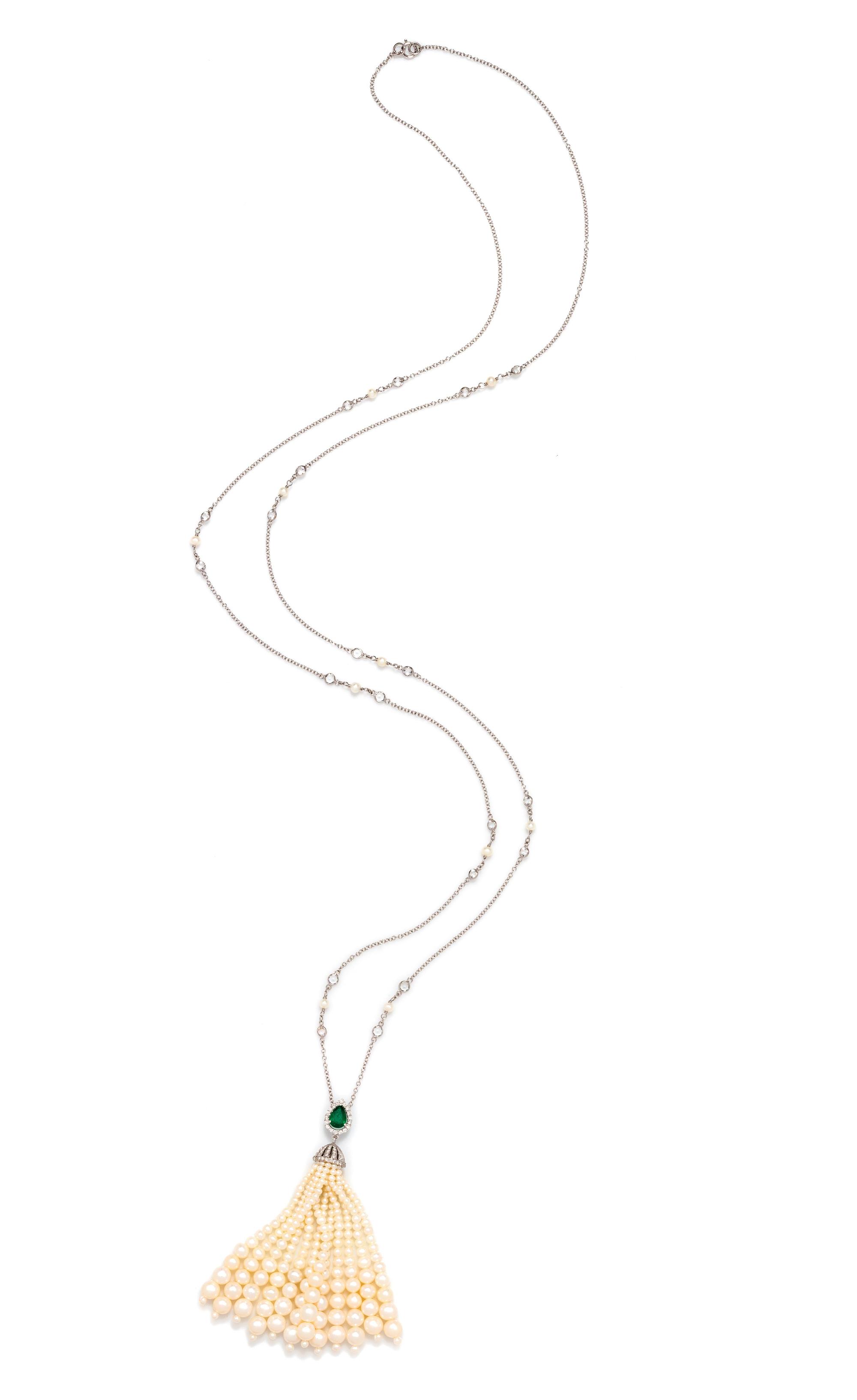 Cultured Pearl, Emerald, Diamond and Clear Stone Sautoir Necklace