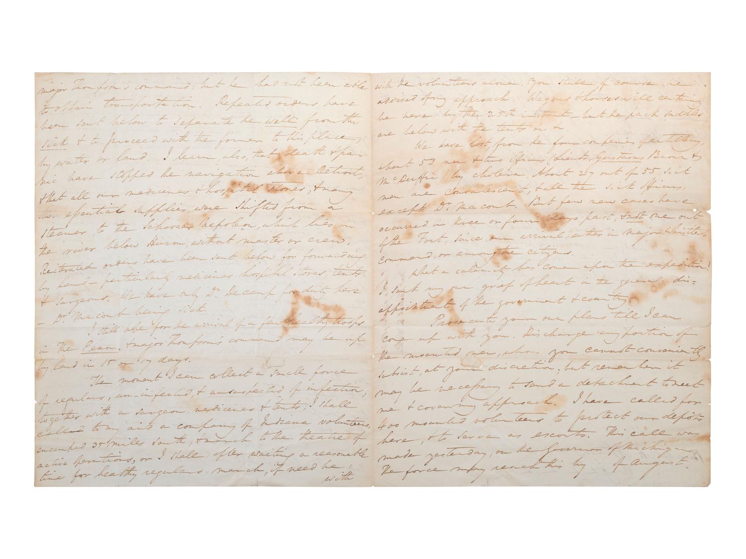[MILITARY] -- [CHOLERA OUTBREAK]. SCOTT, Winfield. Autograph letter signed ("Winfield Scott"), to Brigadier General Henry Atkinson. Headquarters North Western Army, Chicago, 18 July 1832.