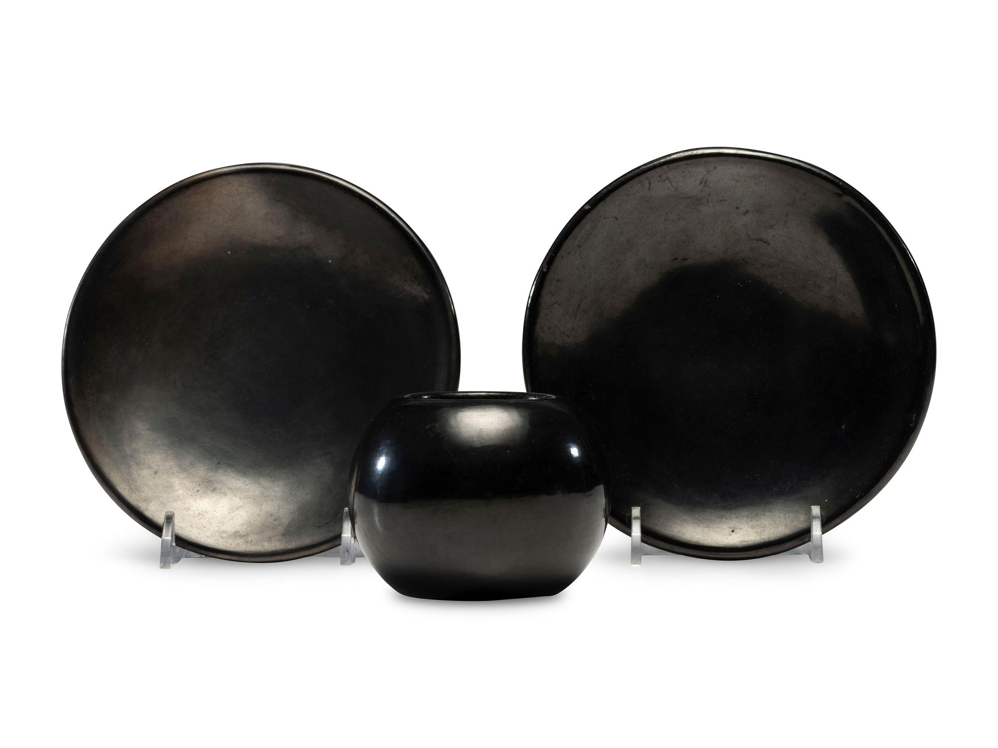 Blackware Plates and Bowl, signed Maria Poveka 1956-1965