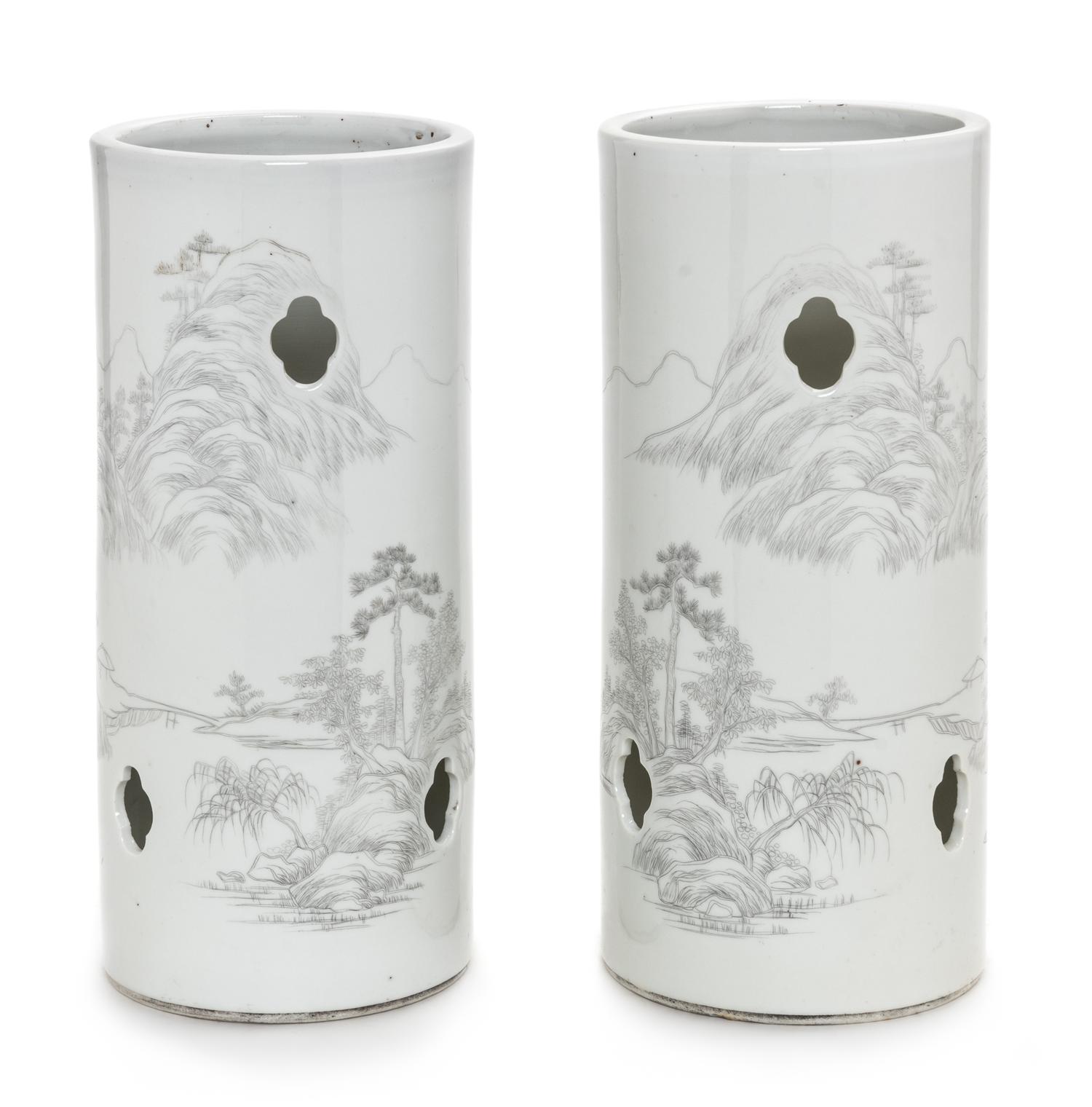 A Pair of Chinese Grisaille Decorated Porcelain Hat Holders Height 11 inches. — 19TH CENTURY