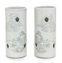 A Pair of Chinese Grisaille Decorated Porcelain Hat Holders Height 11 inches. — 19TH CENTURY