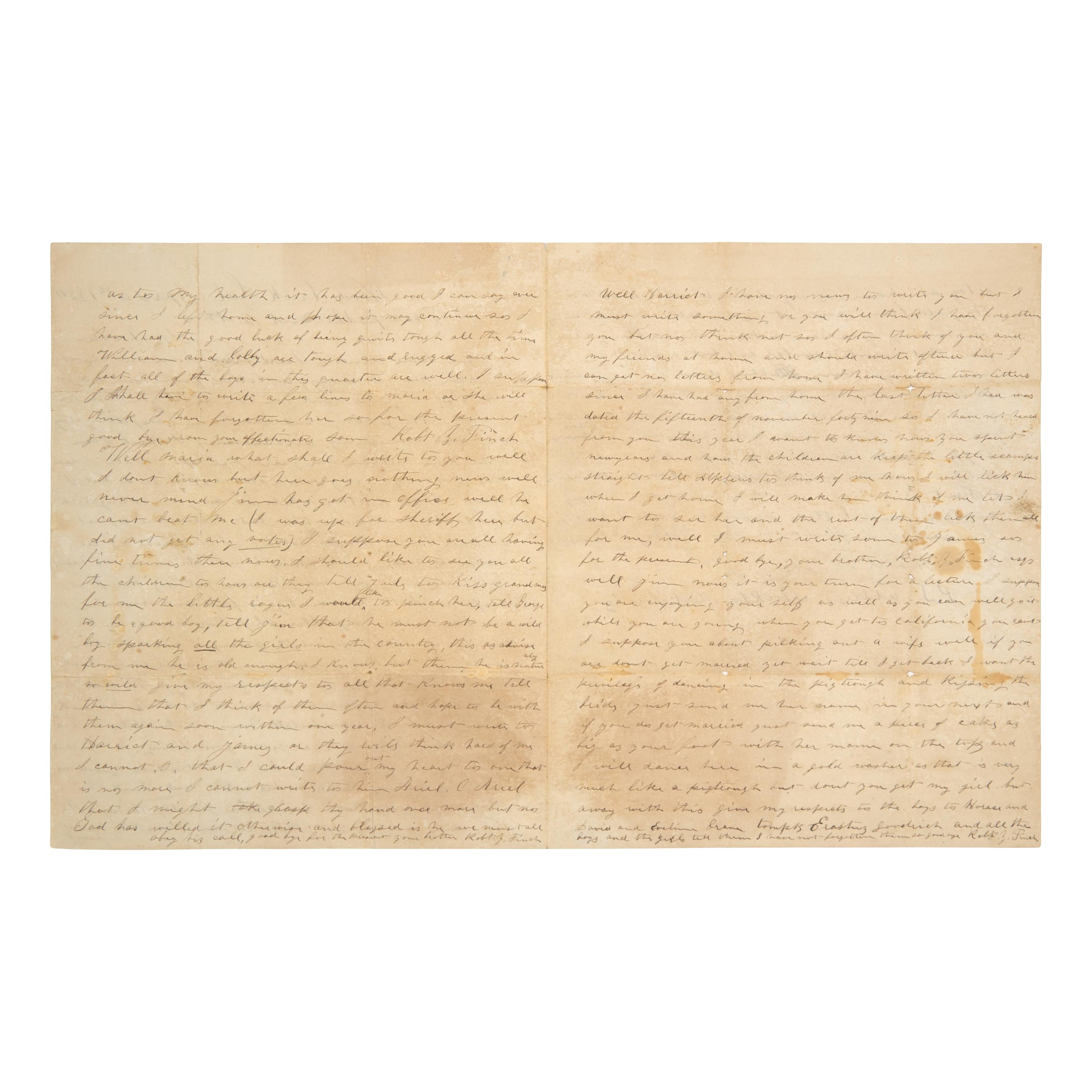 [Gold Rush] Finch, Robert. Autograph letter, signed