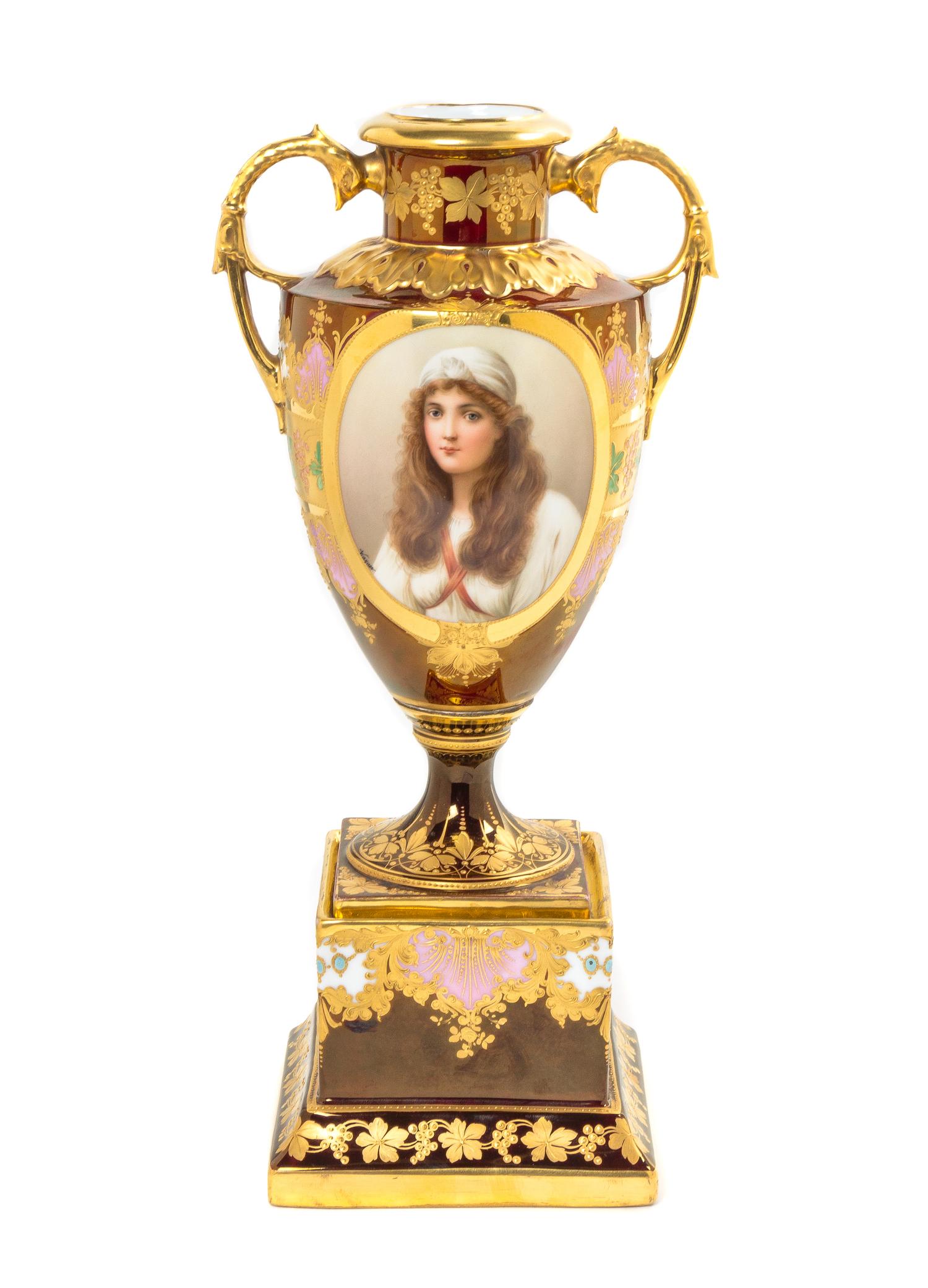 A Royal Vienna Porcelain Portrait Vase and Stand, Height overall 15 inches.