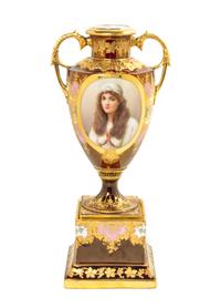 A Royal Vienna Porcelain Portrait Vase and Stand, Height overall 15 inches.