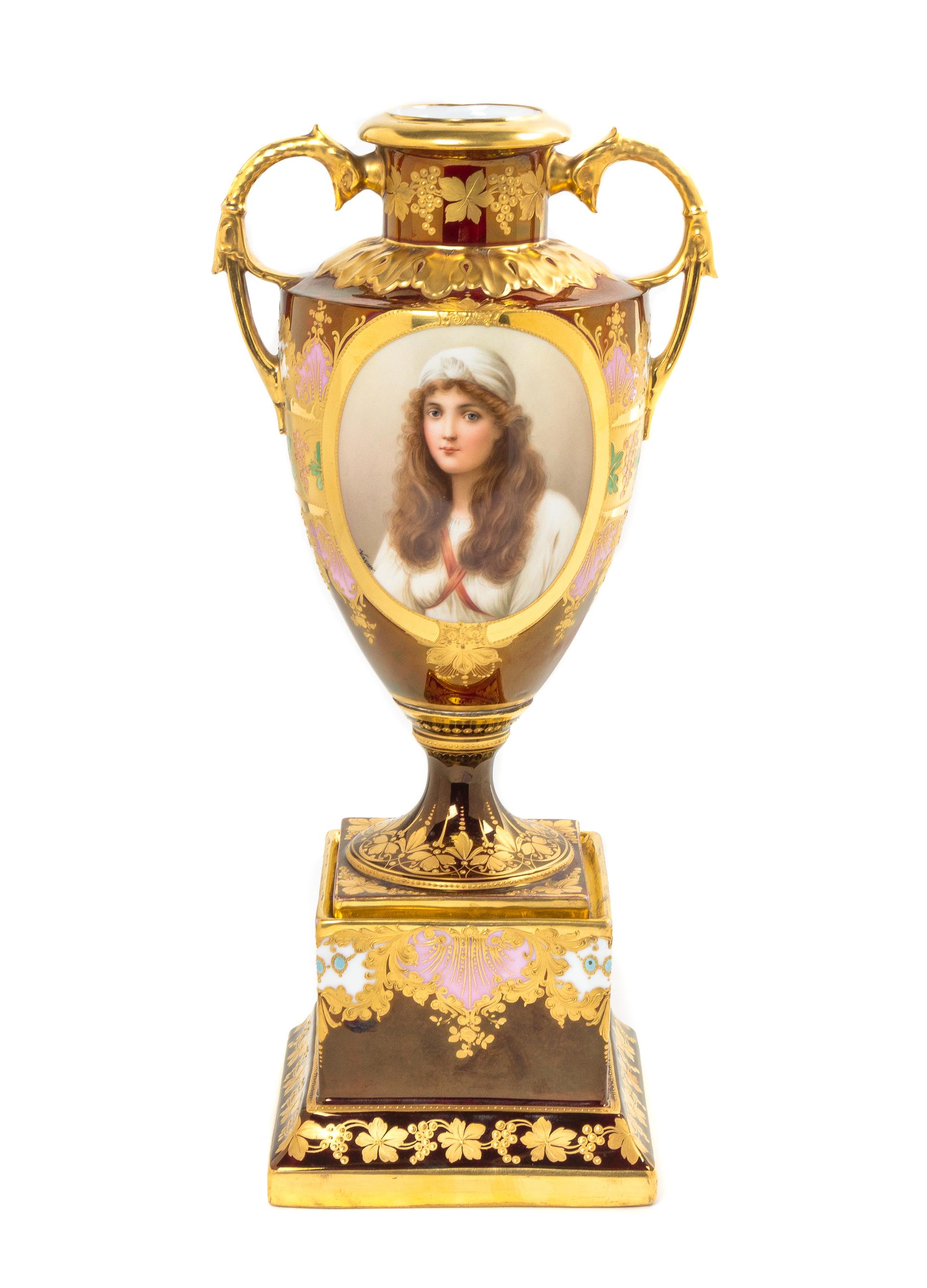 A Royal Vienna Porcelain Portrait Vase and Stand, Height overall 15 inches.