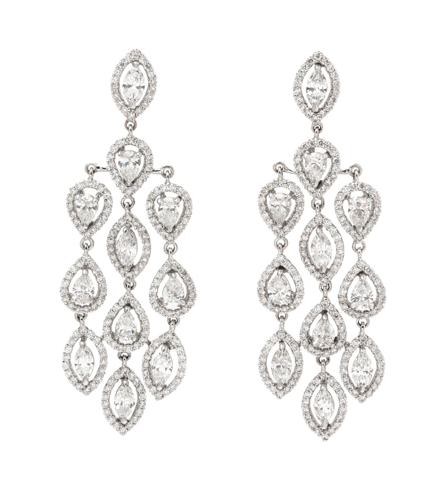 A Pair of White Gold and Diamond Chandelier Earrings, Lugano, 9.10 dwts.