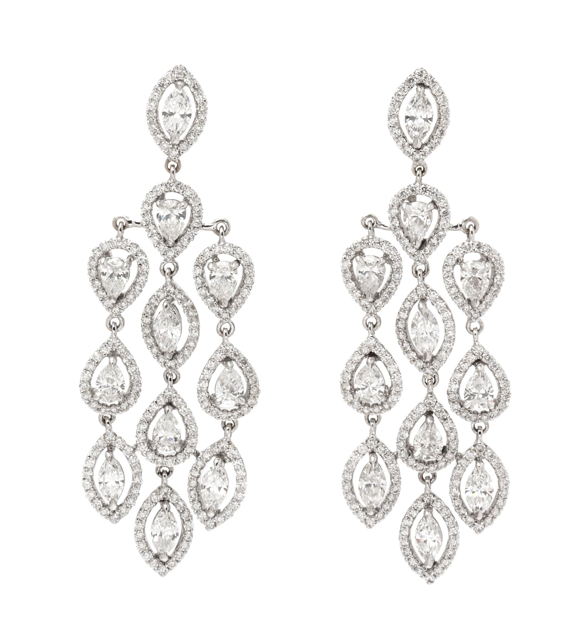A Pair of White Gold and Diamond Chandelier Earrings, Lugano, 9.10 dwts.