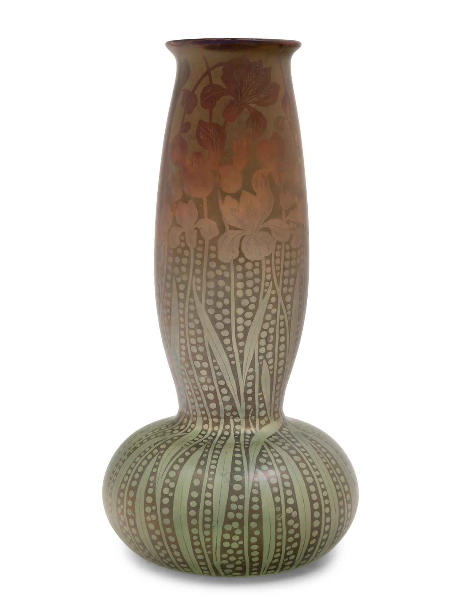 An Iridescent Glass Vase with Irises