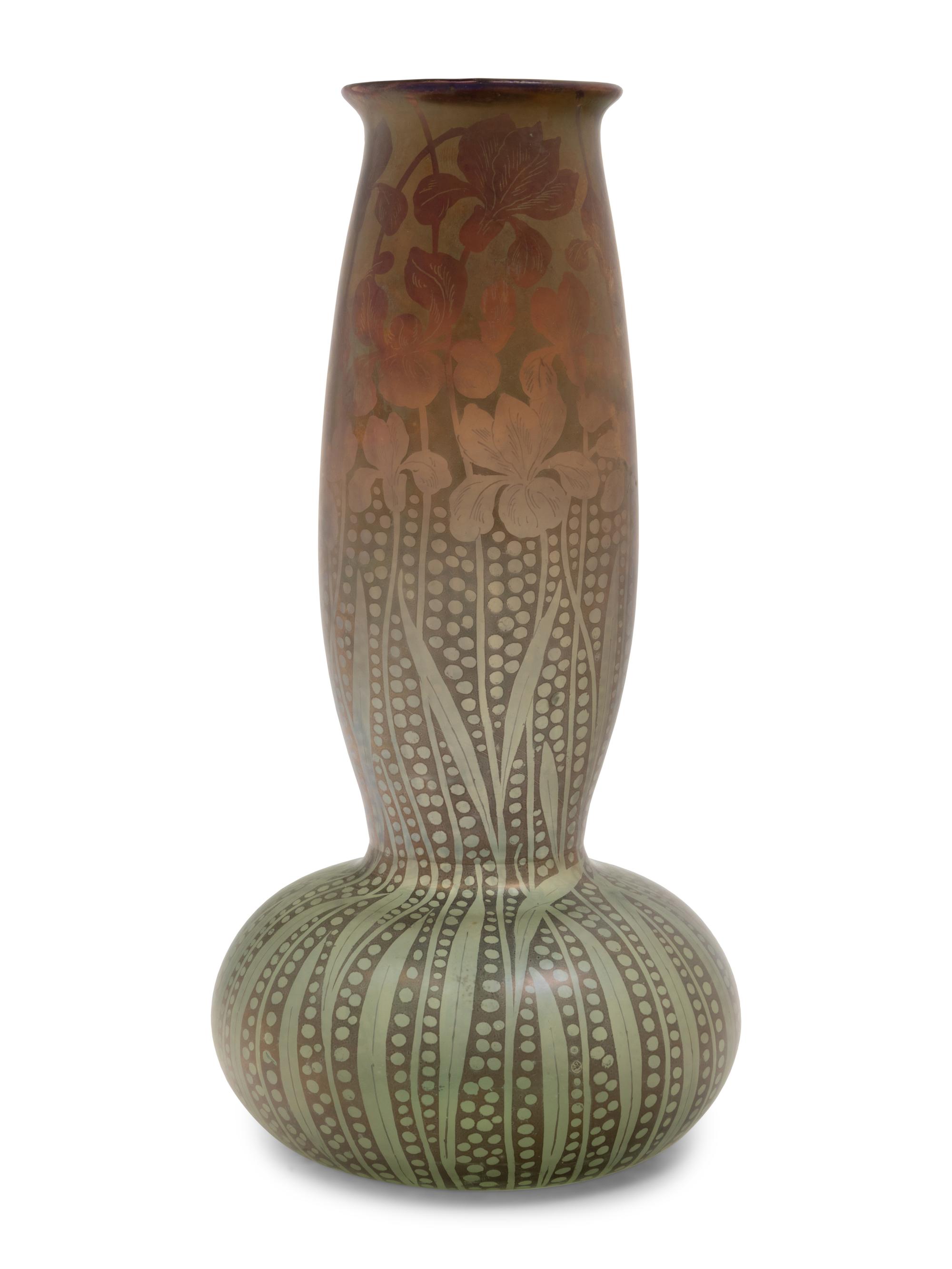 An Iridescent Glass Vase with Irises