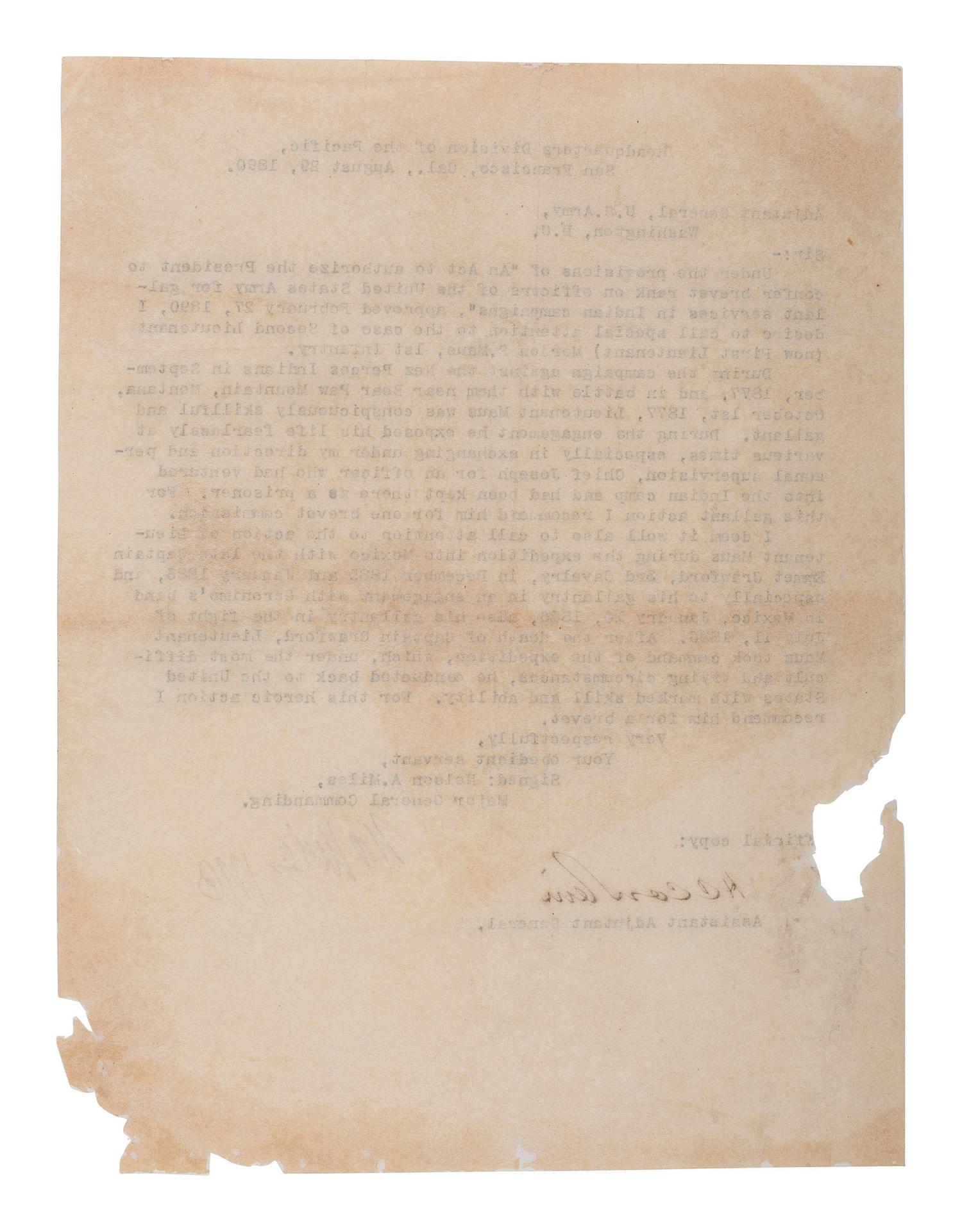 [INDIAN WARS--MILES, NELSON A. (1839-1925)]. "Official copy" of recommendation to confer brevet rank.