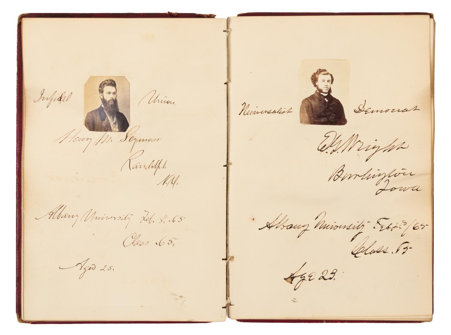 [PHOTOGRAPHY]. "Yearbook" albums containing 148 portrait photographs and signatures of students and faculty of Albany College, 1864-5