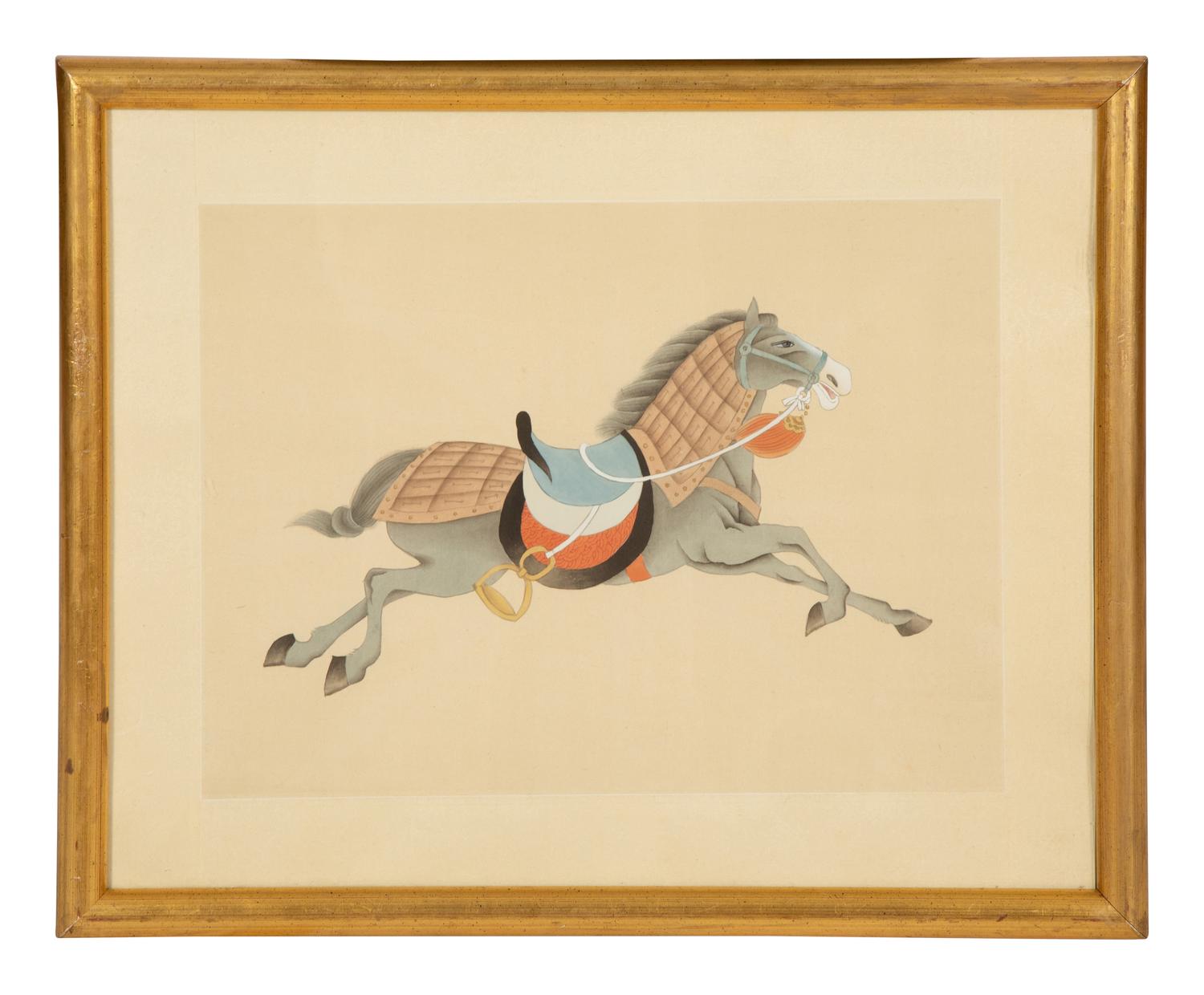 A Group of Four Chinese Gilt Framed Watercolors of Horses