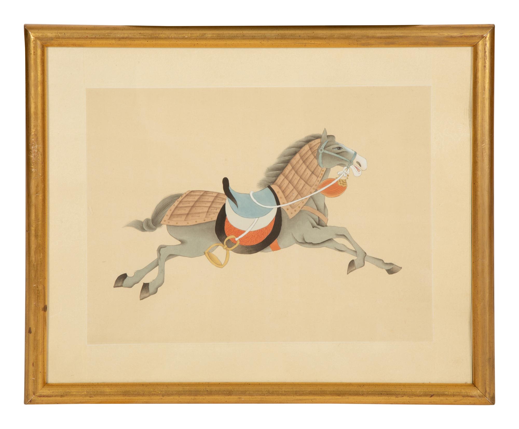 A Group of Four Chinese Gilt Framed Watercolors of Horses