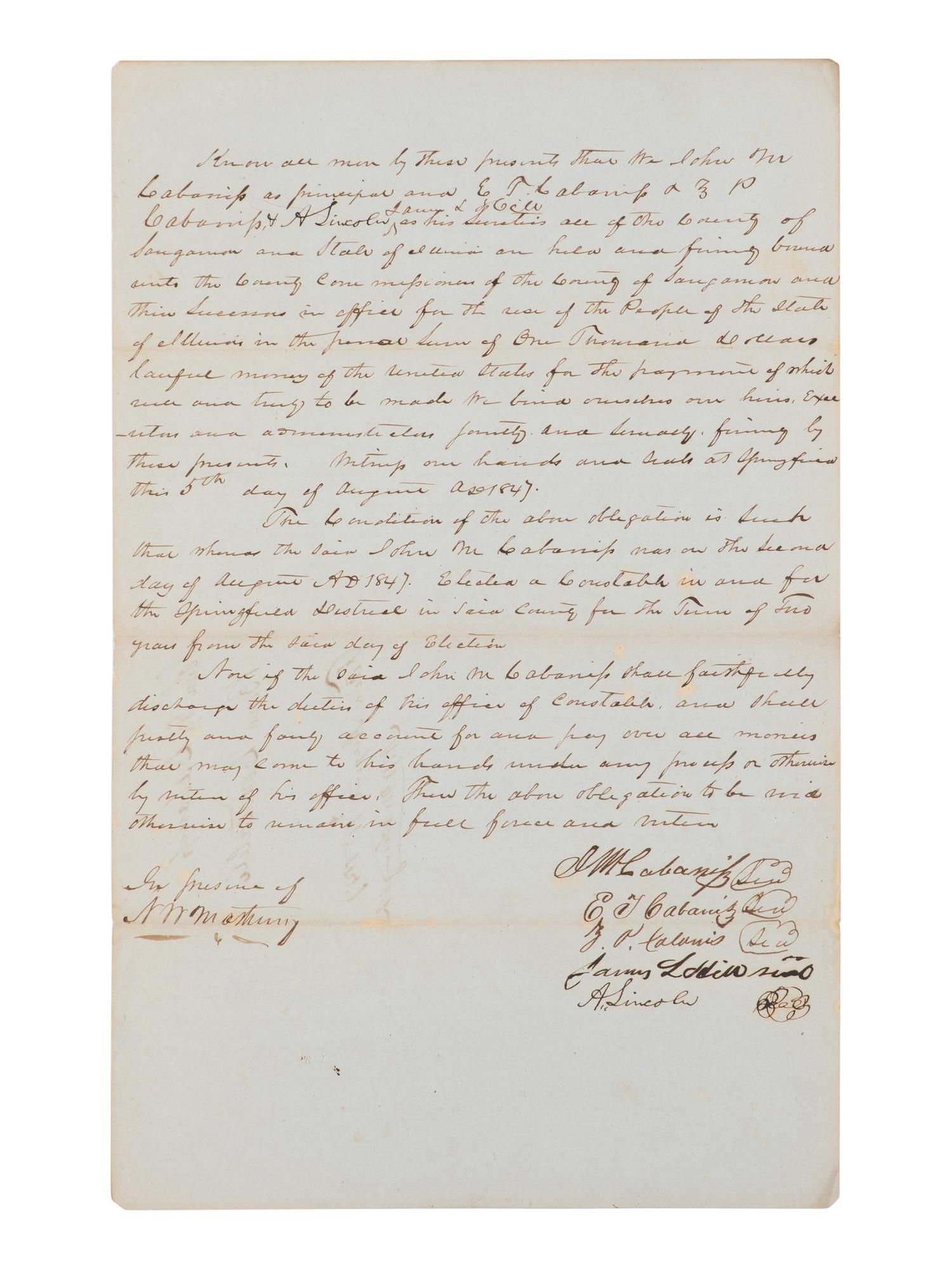 LINCOLN, Abraham (1809-1865). Manuscript document signed twice ("A. Lincoln"), [Springfield], 5 August 1847.