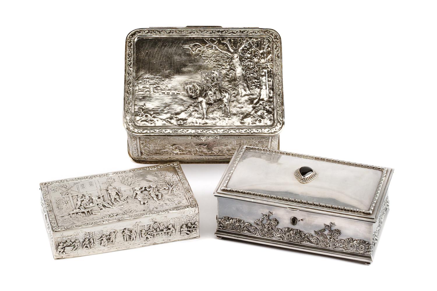Three Silver and Silver-Plate Table Caskets, Various Makers, First Half 20th Century, comprising an Italian silver example worked to sh