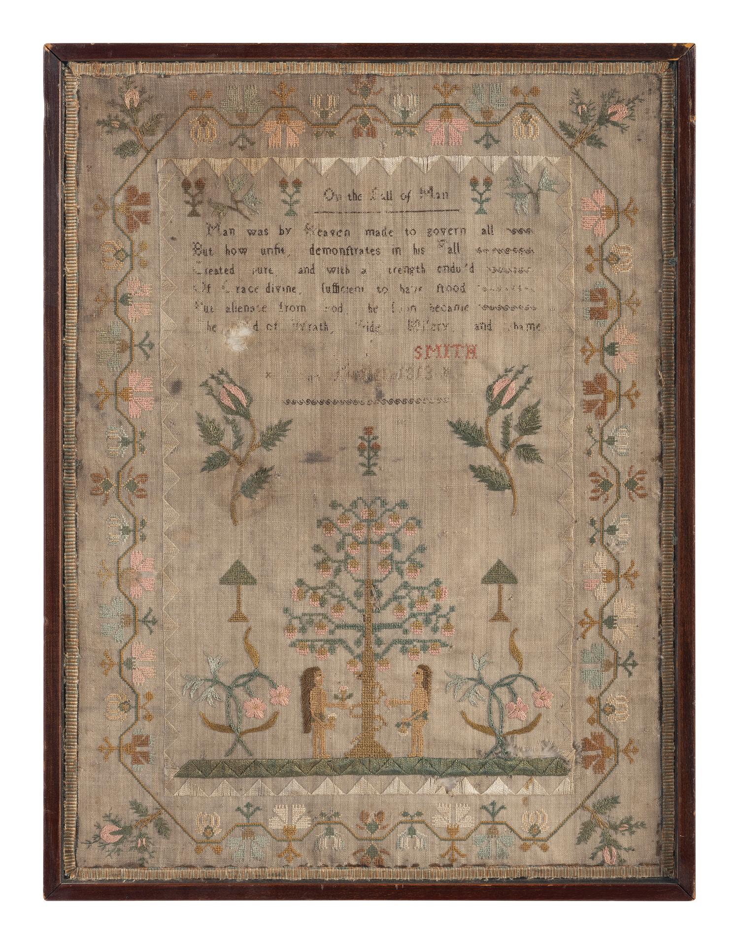 A George III Pole Screen Set with English Needlework Embroidered Adam and Eve Sampler