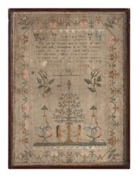 A George III Pole Screen Set with English Needlework Embroidered Adam and Eve Sampler