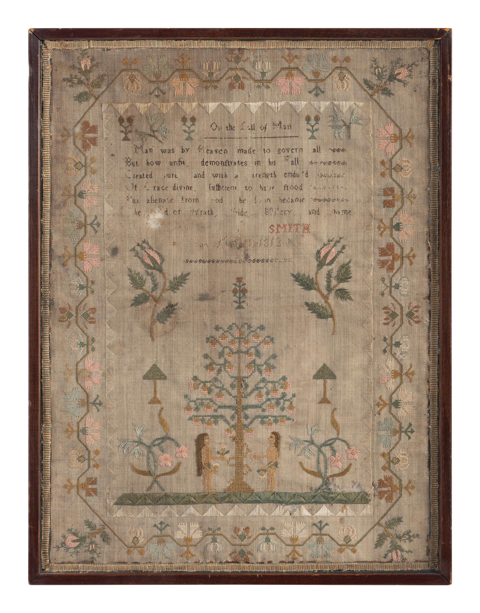 A George III Pole Screen Set with English Needlework Embroidered Adam and Eve Sampler