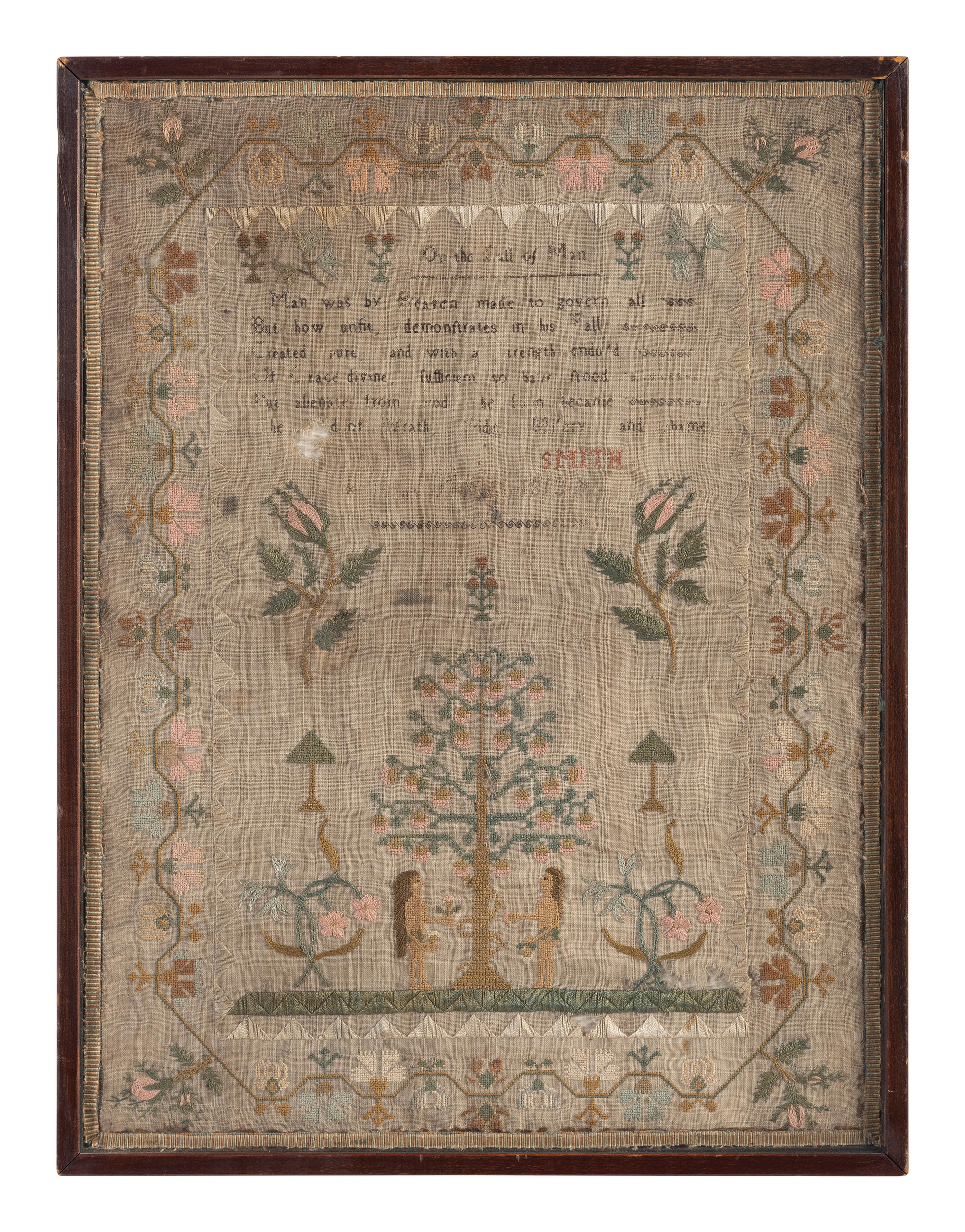A George III Pole Screen Set with English Needlework Embroidered Adam and Eve Sampler