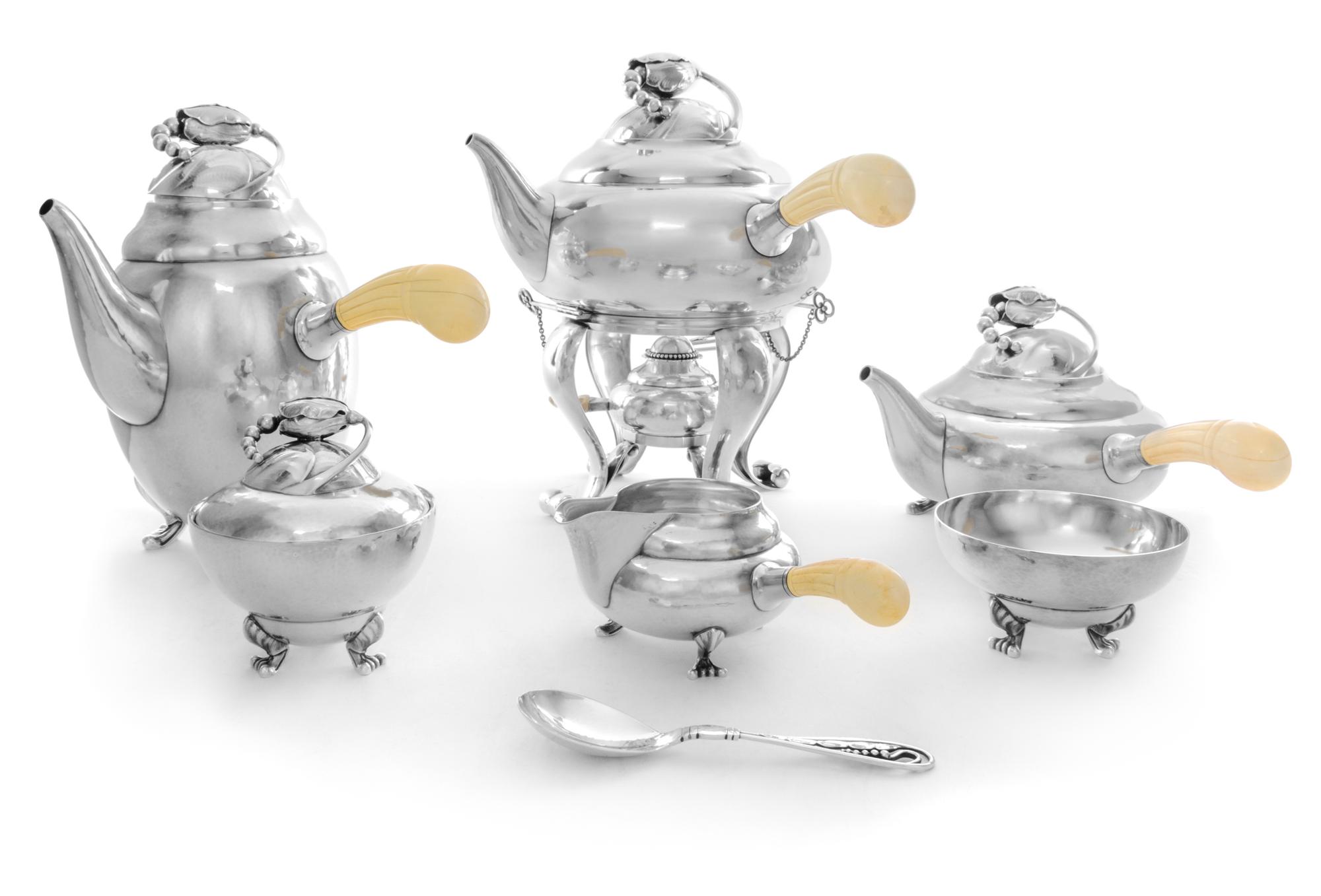 A Danish Silver Six-Piece Tea and Coffee Service, Georg Jensen Silversmithy, Copenhagen, 1945-77, Blossom pattern, comprising a water k