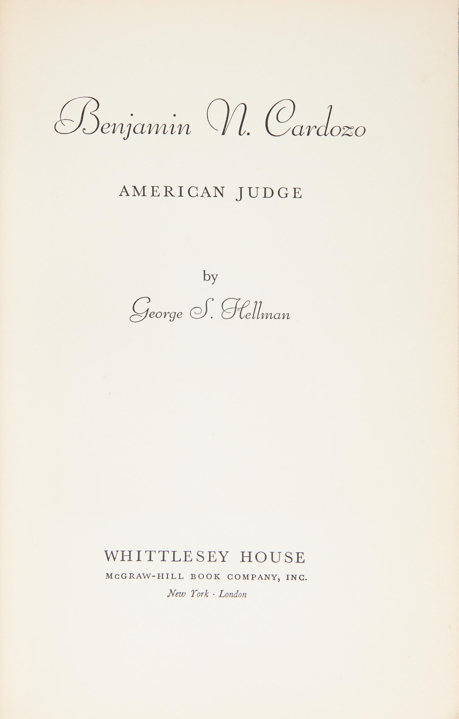 [Fine Binding] Hellman, George S. Benjamin N. Cardozo American Judge