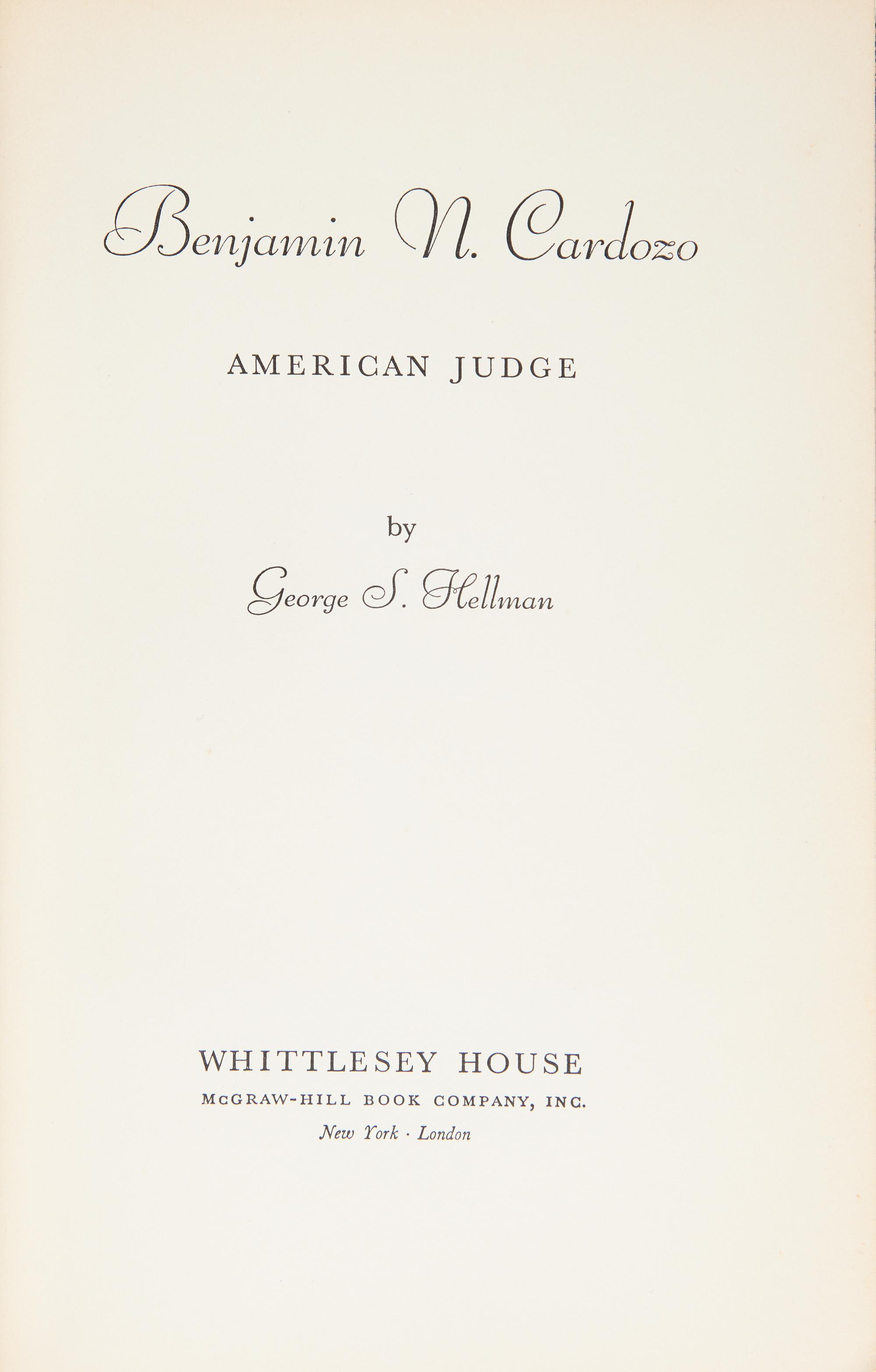 [Fine Binding] Hellman, George S. Benjamin N. Cardozo American Judge