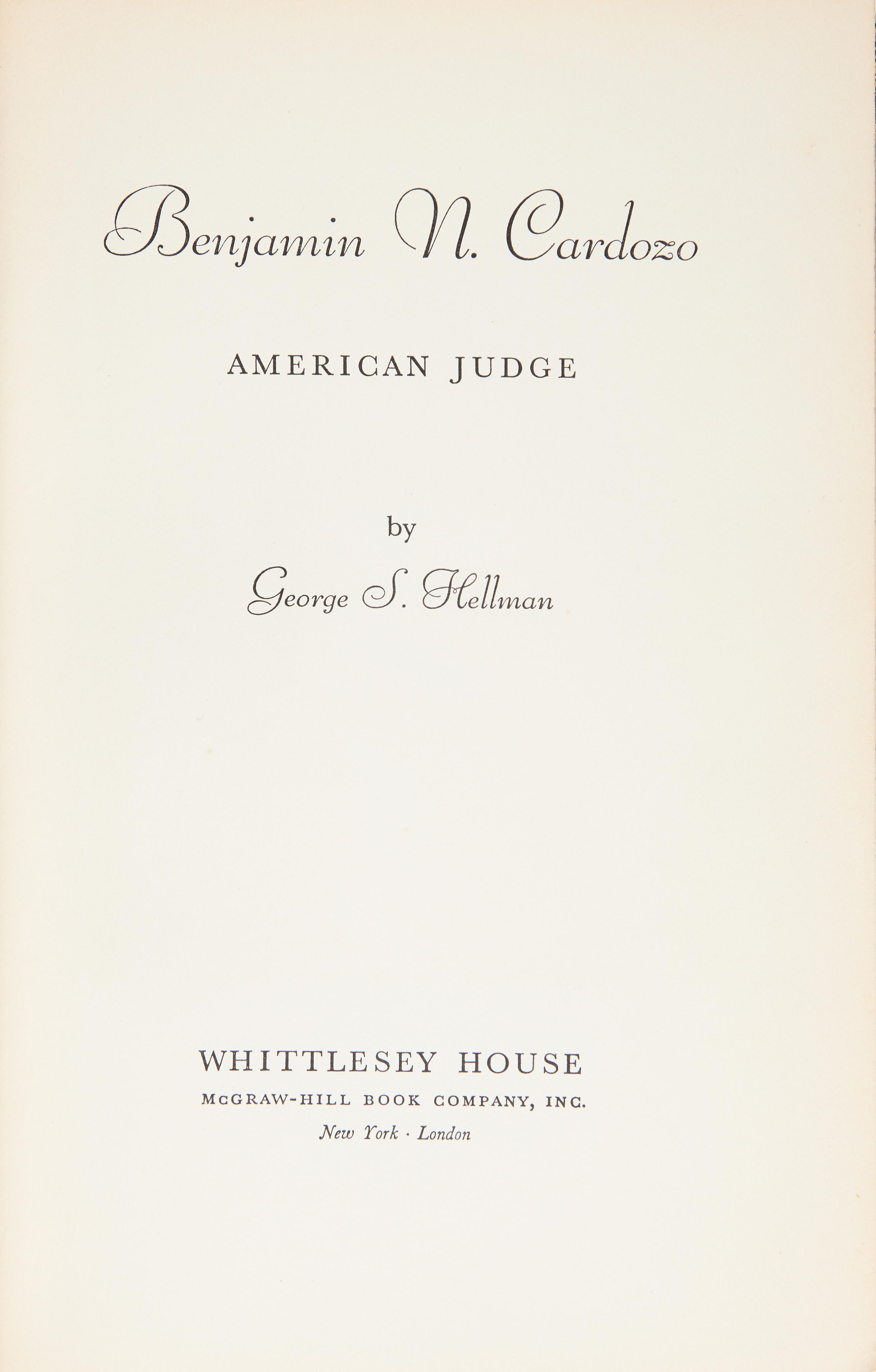 [Fine Binding] Hellman, George S. Benjamin N. Cardozo American Judge