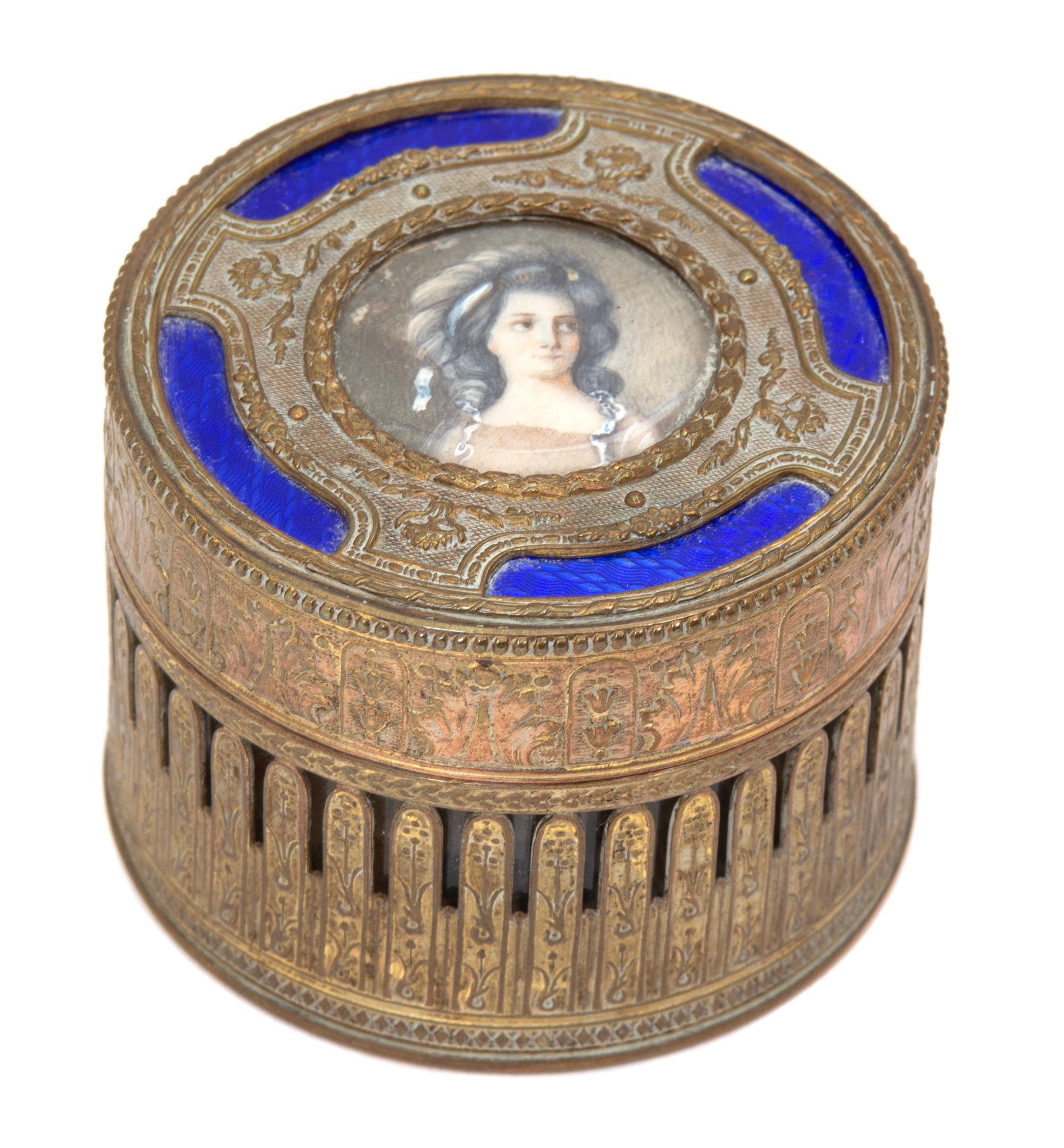 Two French Gilt Bronze and Enamel Portrait Snuff Boxes Height of largest 1 x width 3 1/2 inches. — 19TH/20TH CENTURY