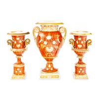 A Worcester Porcelain Hand Painted and Parcel Gilt Three-Piece Urn Garniture
