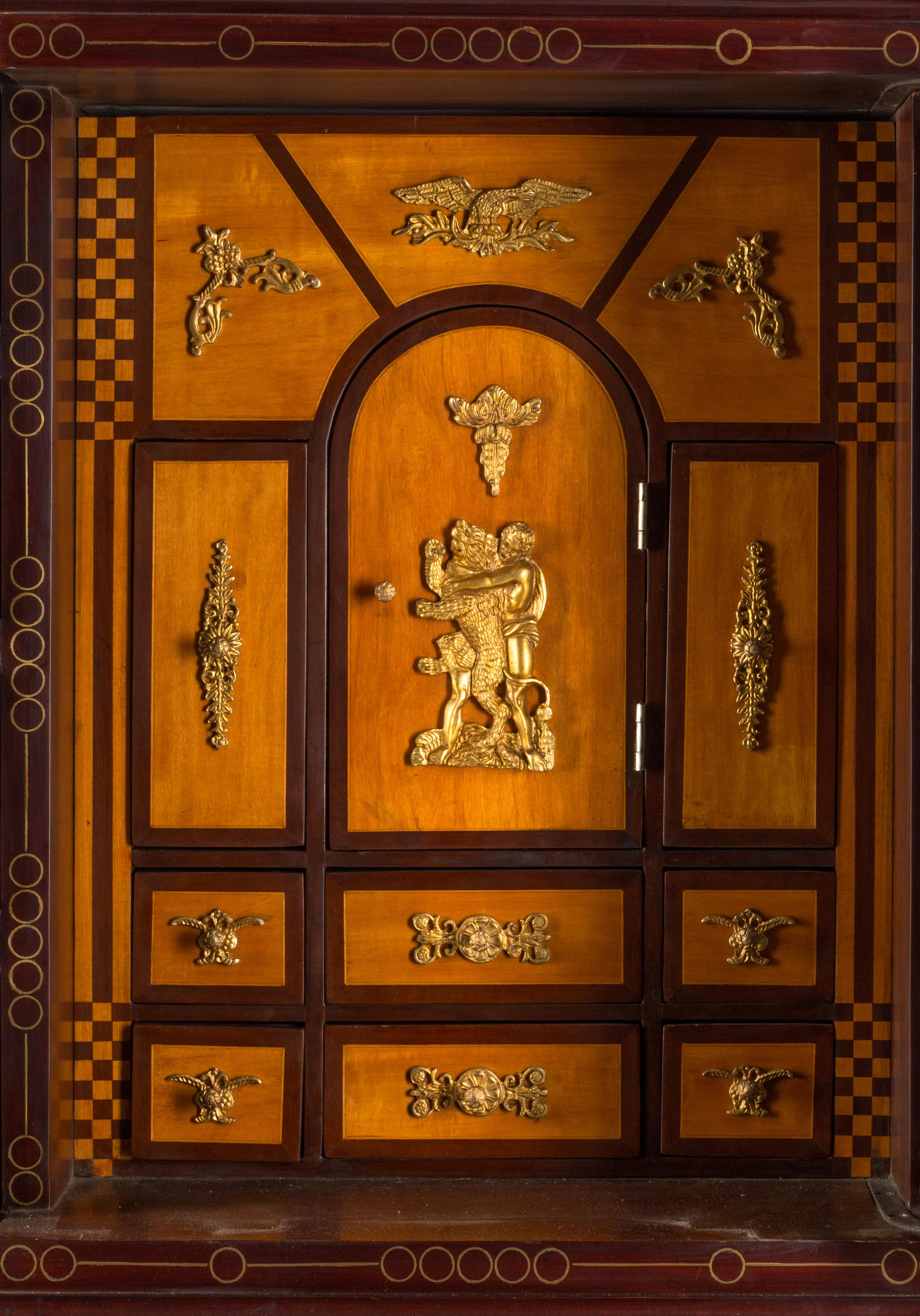 An Italian Gilt Bronze Mounted and Pietra Dura Inset Walnut Collector's Cabinet on Stand