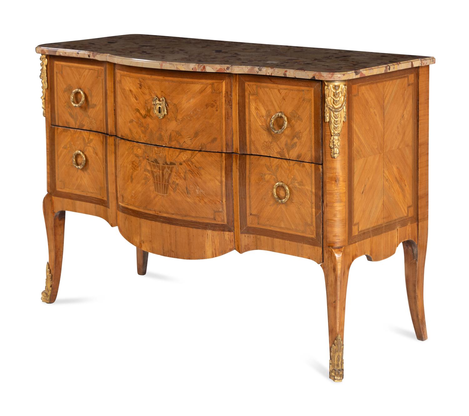 A Louis XV/XVI Transitional Style Marquetry Marble-Top Commode