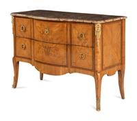 A Louis XV/XVI Transitional Style Marquetry Marble-Top Commode