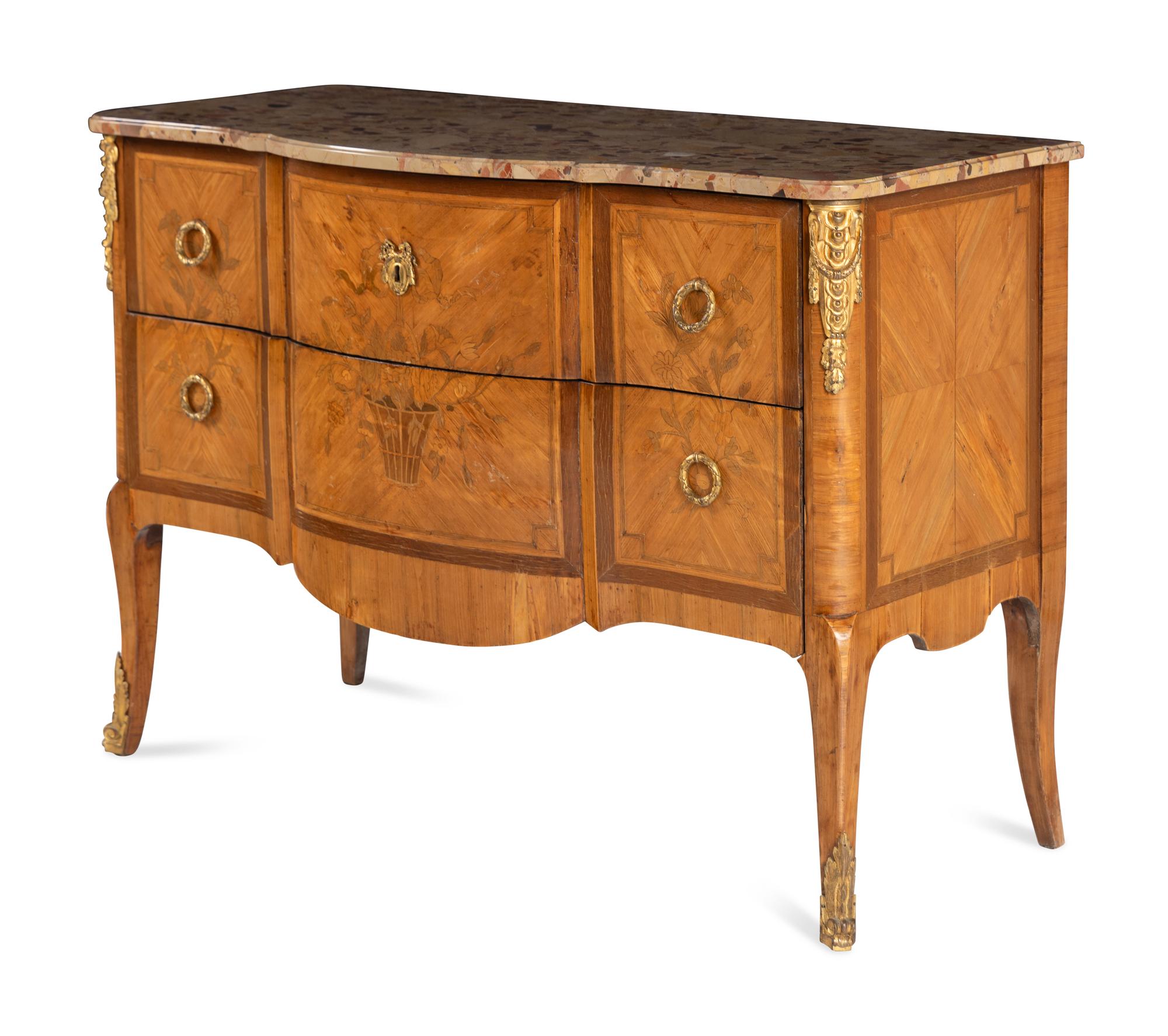A Louis XV/XVI Transitional Style Marquetry Marble-Top Commode