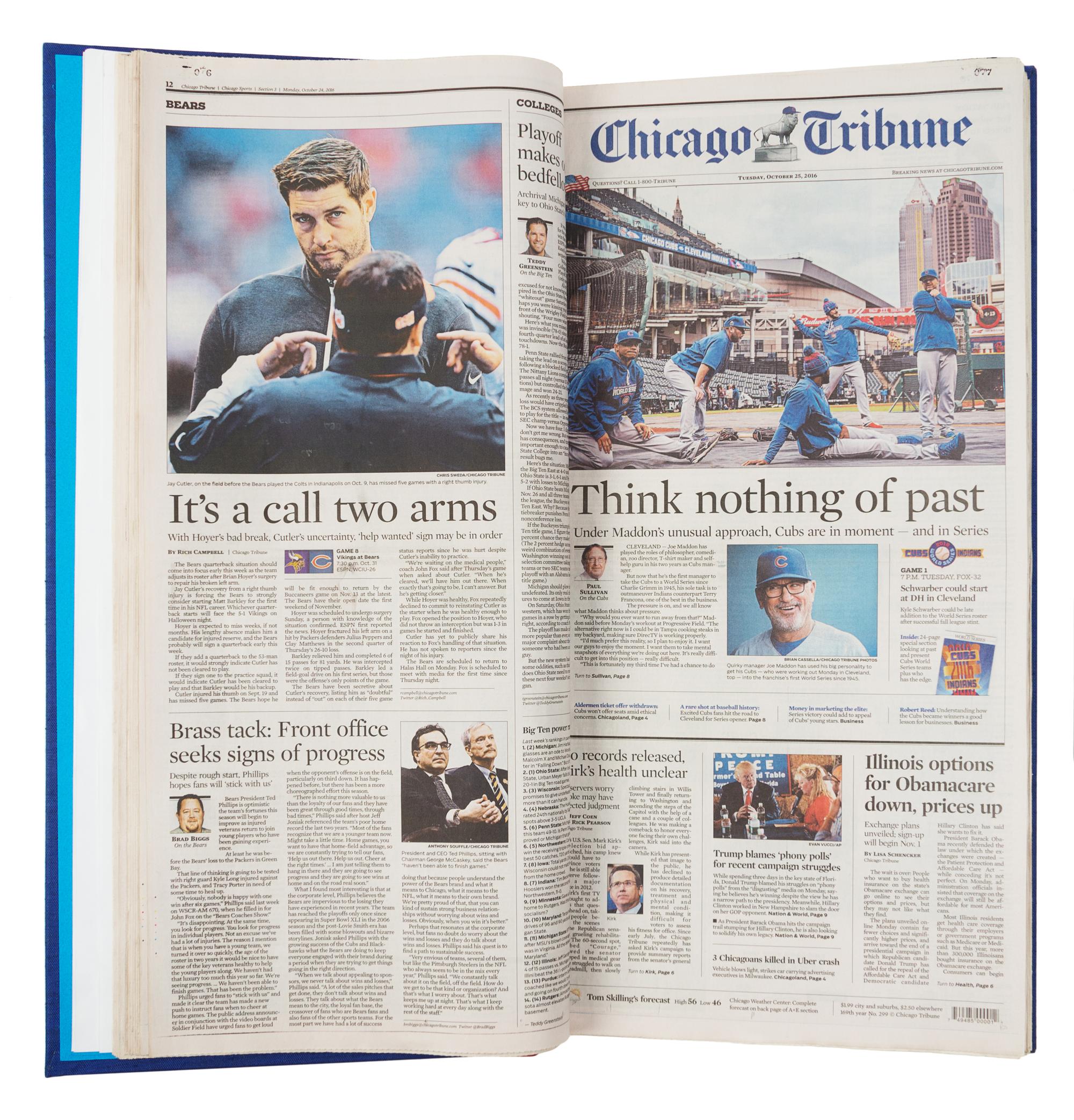 [CHICAGO CUBS]. Complete Chicago Tribune coverage of the Cubs' 2016 World Series Championship, specially bound in goatskin & indexed