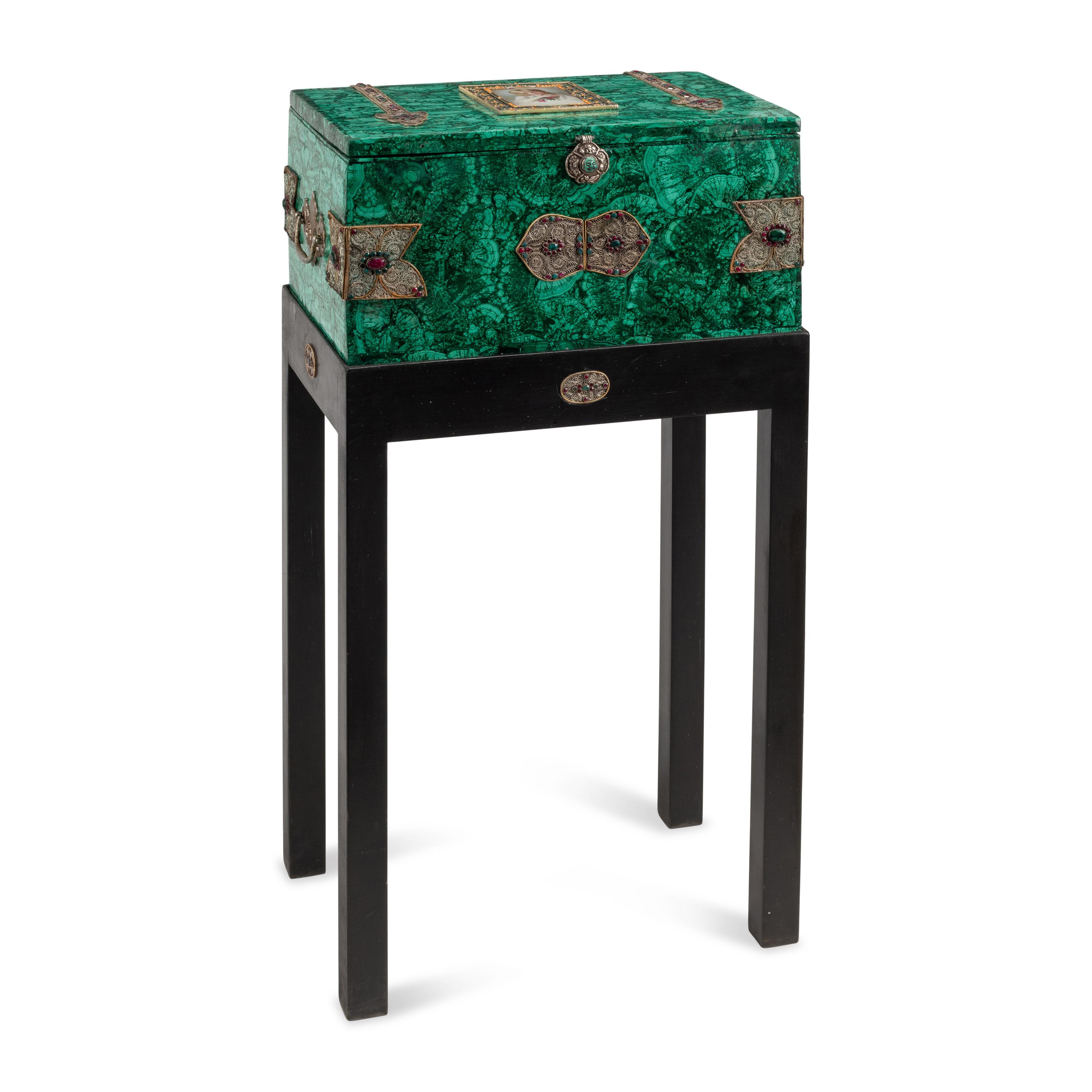 A Large Jeweled Malachite and Gilt Bronze Mounted Box on Stand