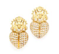 A Pair of 18 Karat Yellow Gold and Diamond Heart Earclips, 10.30 dwts.