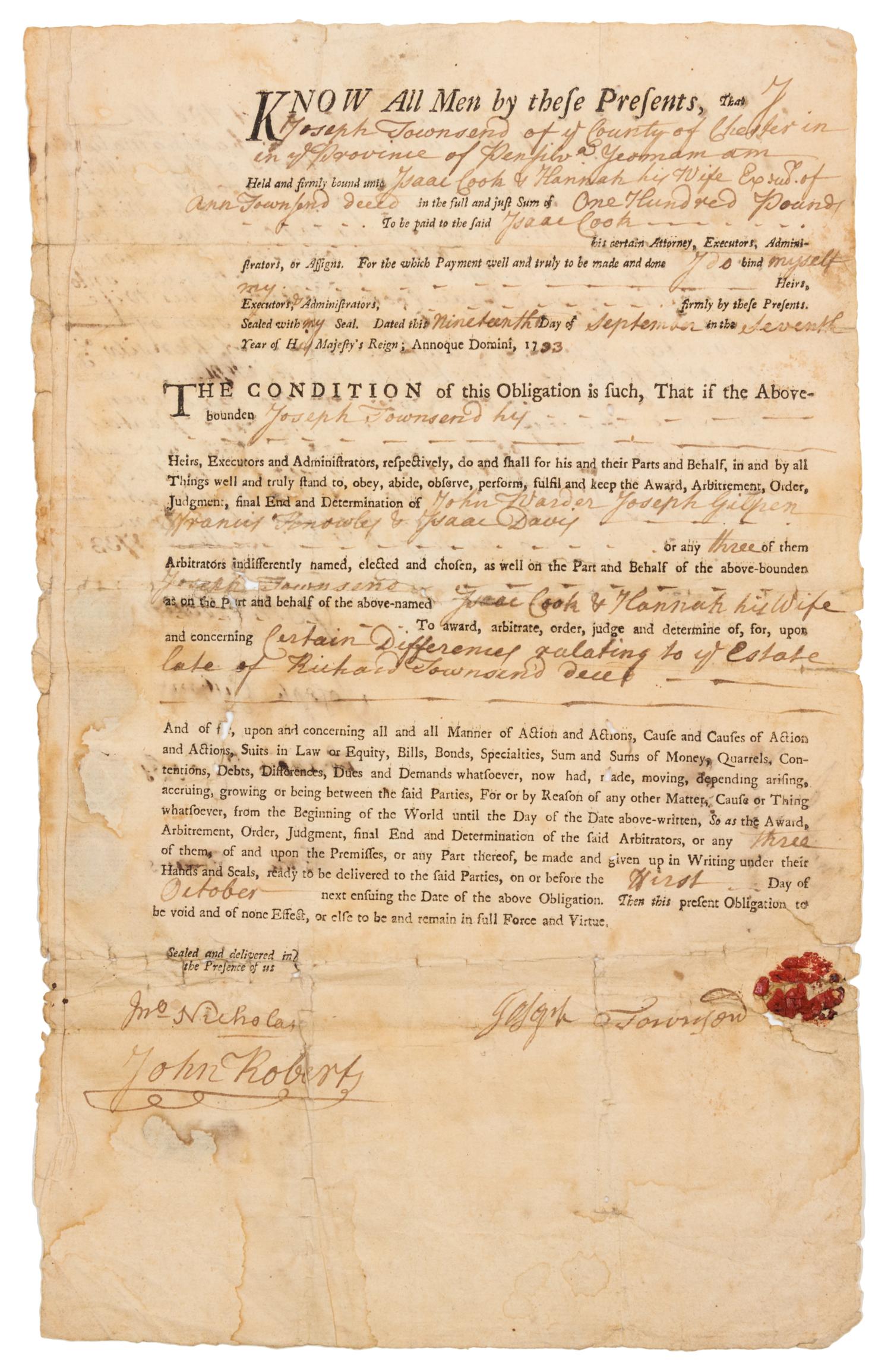 [FRANKLIN PRINTING]. "Know all men by these presents, that we…" [Philadelphia: Benjamin Franklin, ca 1733].