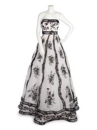 Oscar de la Renta White Net with Black Lace Gown, 2000s