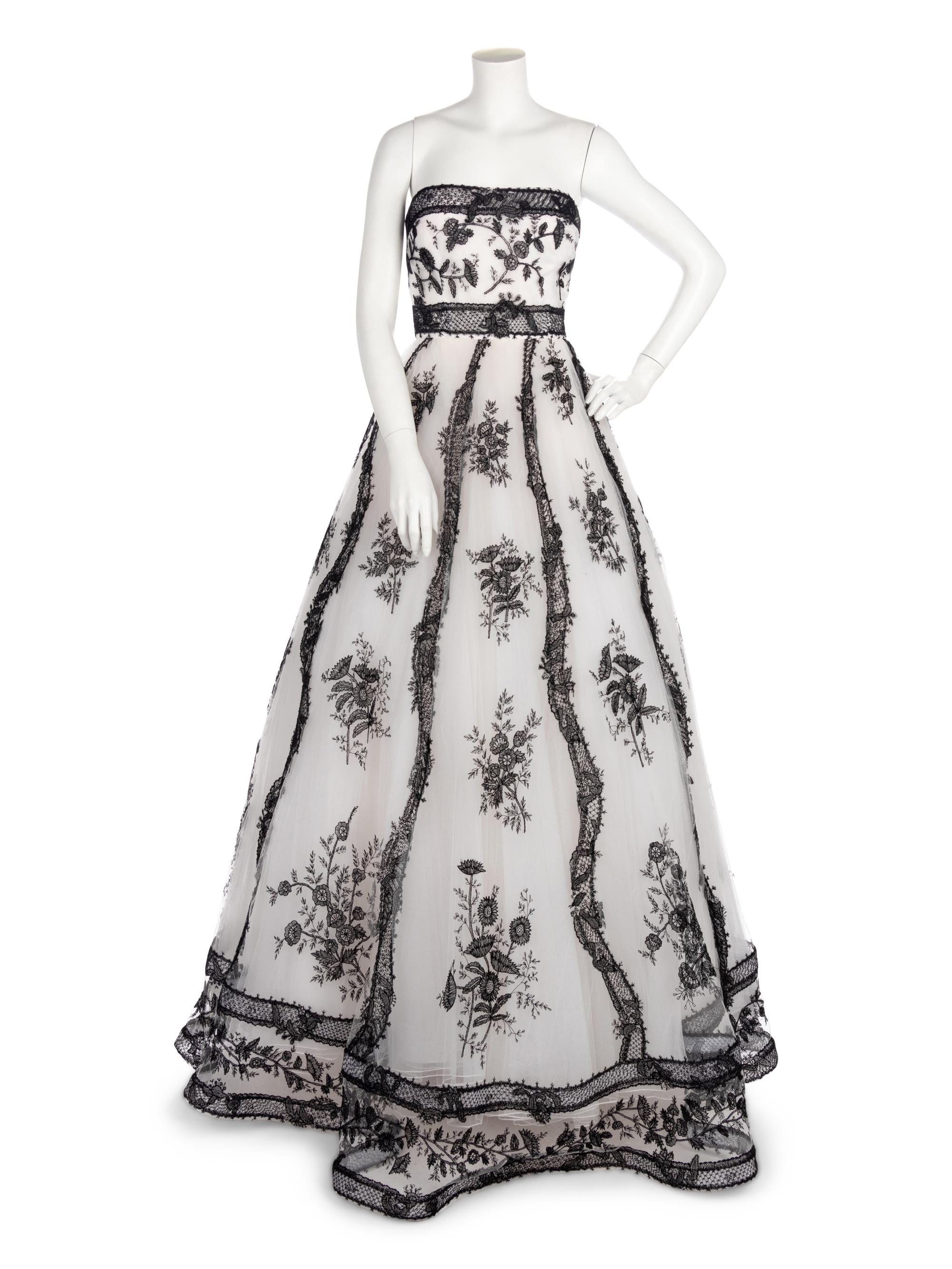 Oscar de la Renta White Net with Black Lace Gown, 2000s