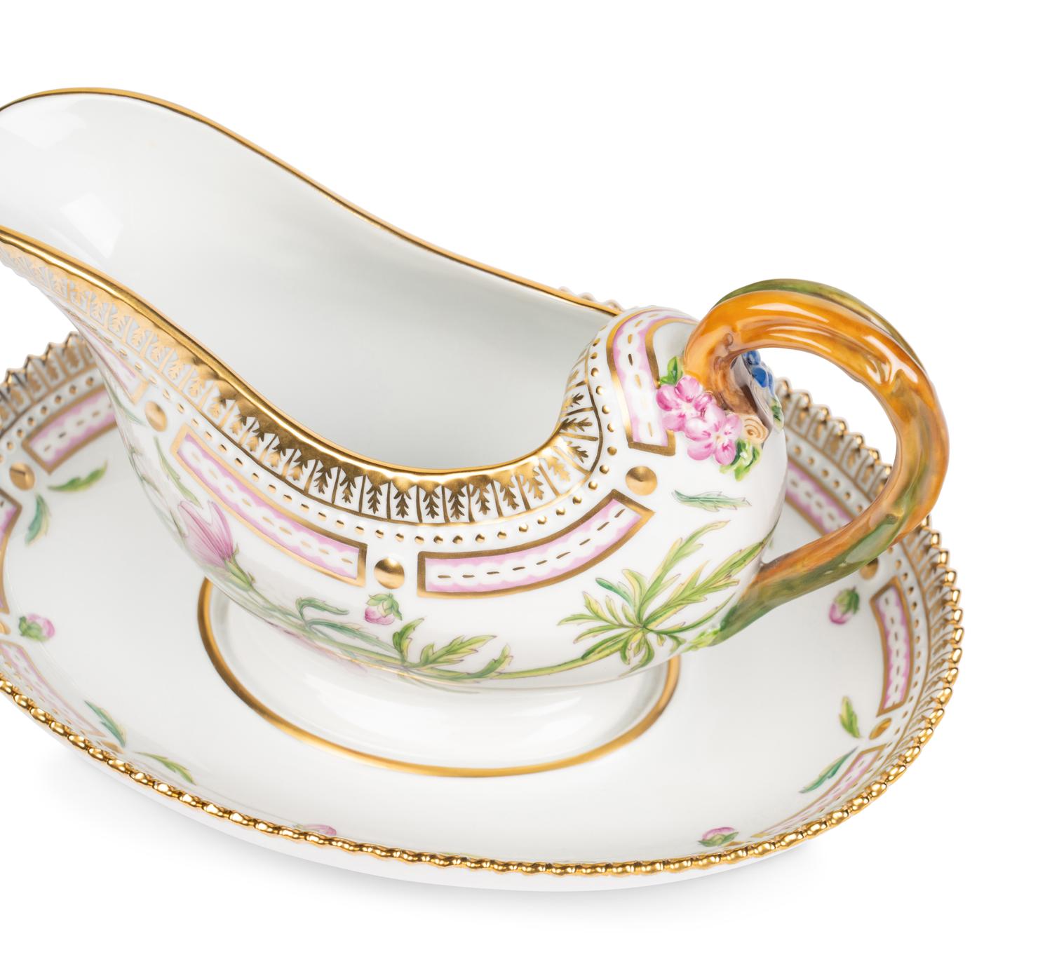 A Royal Copenhagen Flora Danica Porcelain Sauce Boat and Fixed Stand