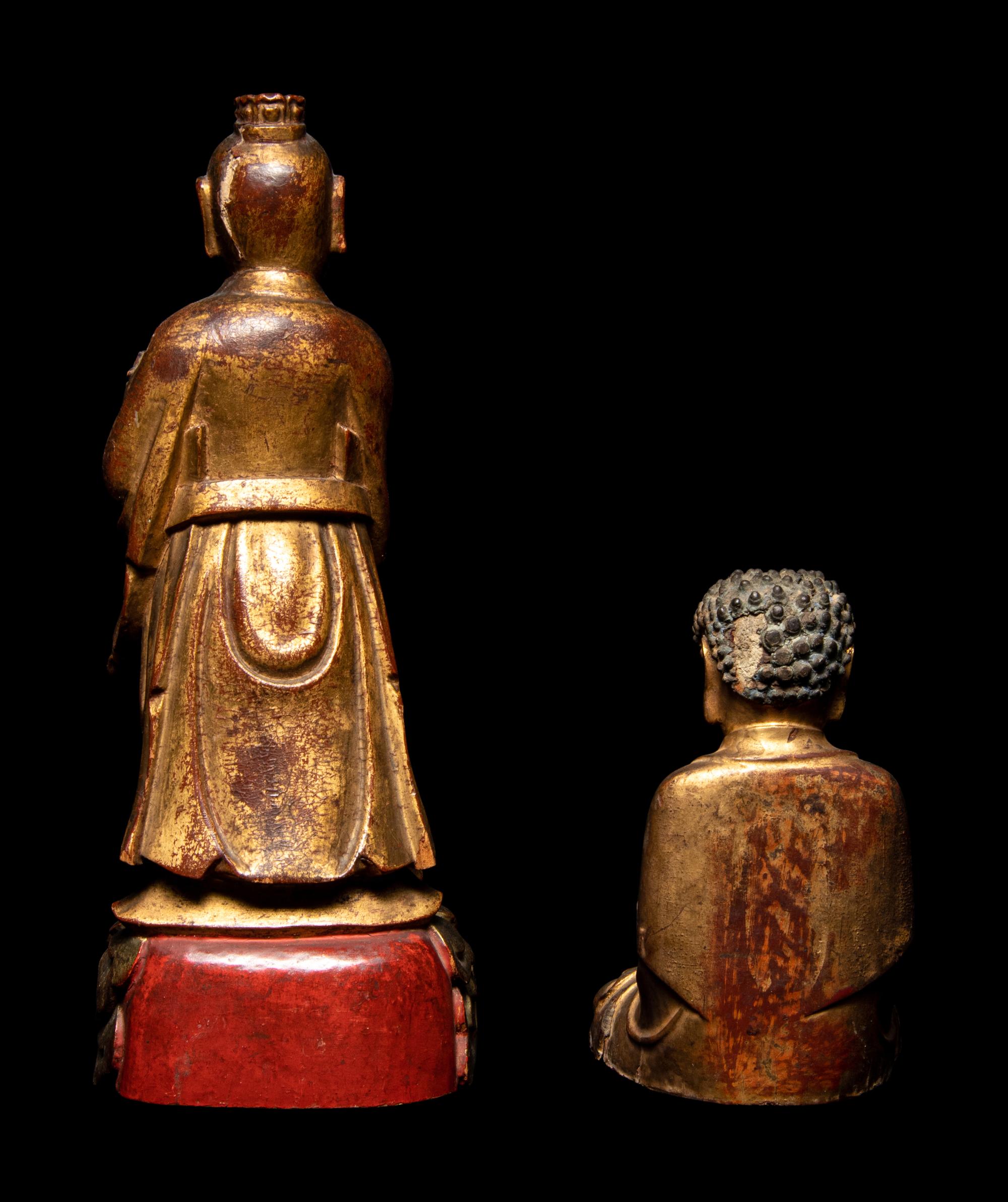 Two Chinese Gilt and Red Lacquered Wood Figures