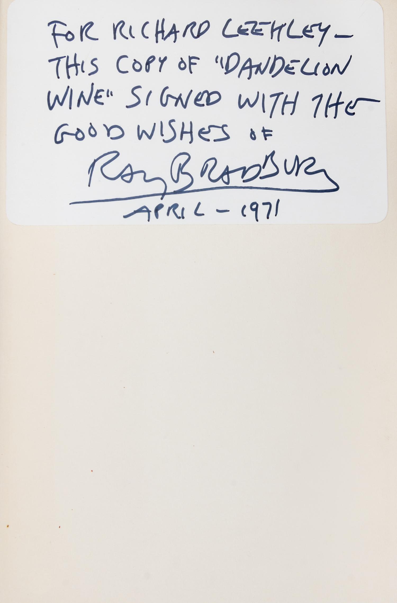 BRADBURY, RAY. Dandelion Wine. Garden City, NY, 1957. First edition, signed.