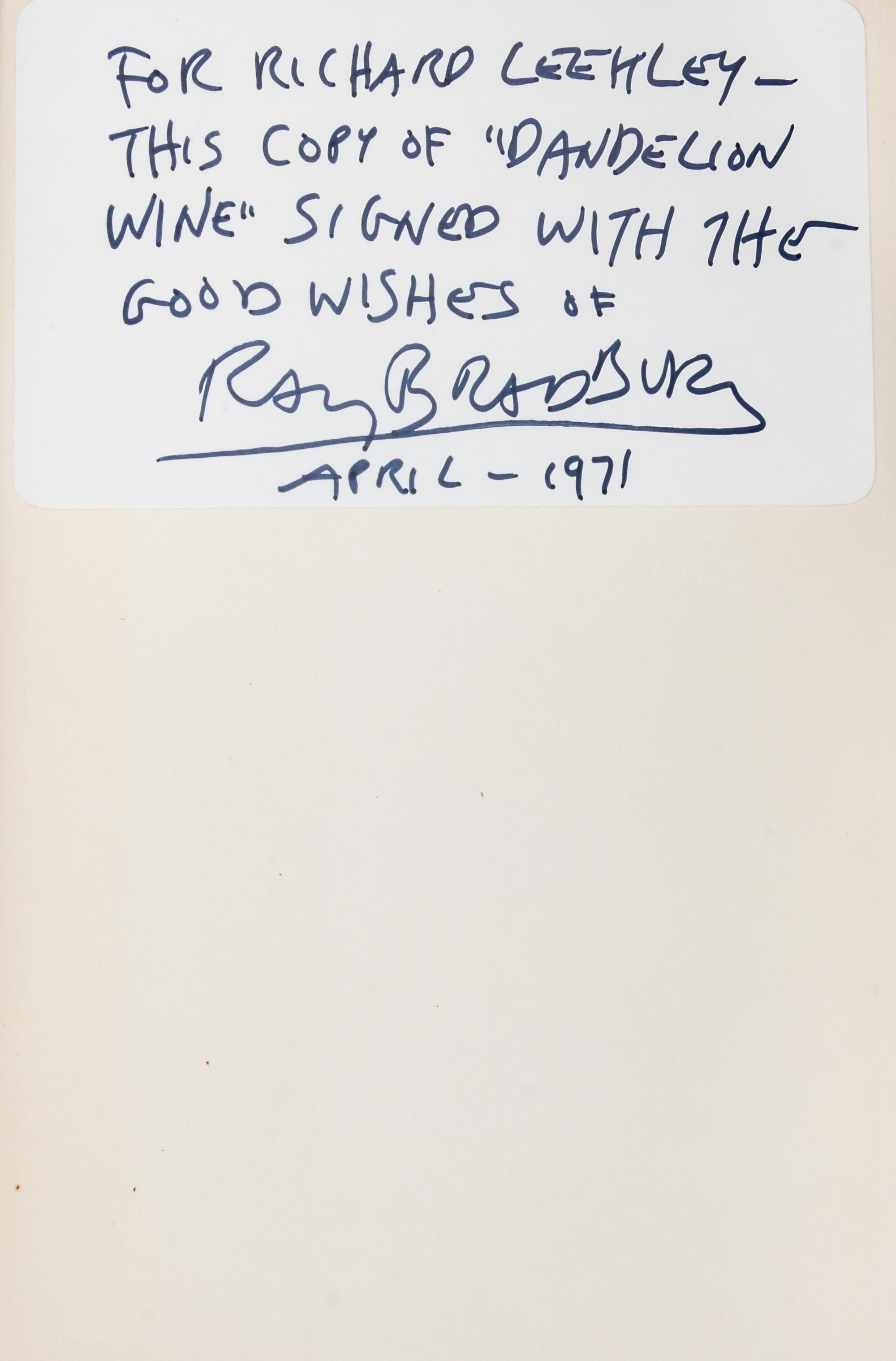 BRADBURY, RAY. Dandelion Wine. Garden City, NY, 1957. First edition, signed.