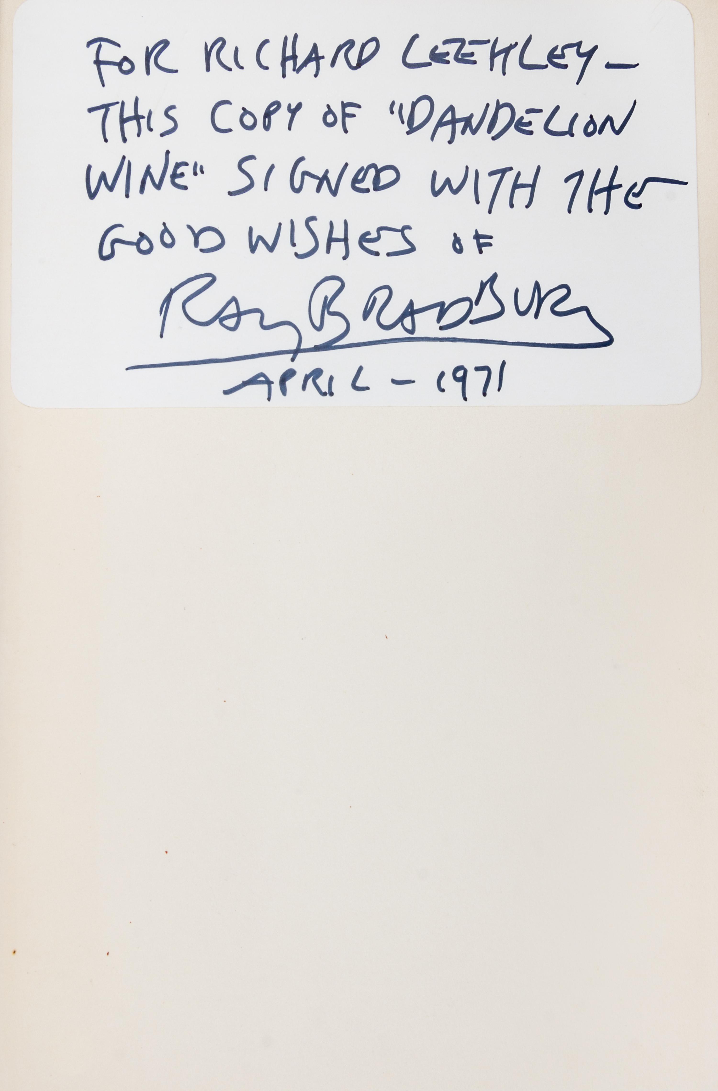 BRADBURY, RAY. Dandelion Wine. Garden City, NY, 1957. First edition, signed.