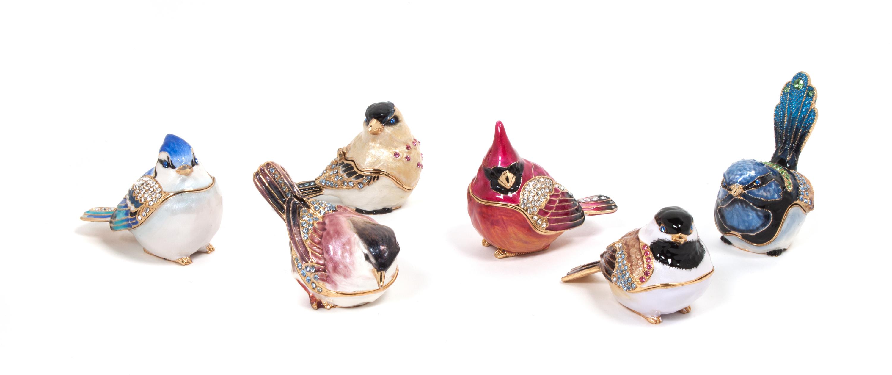 A Collection of Enameled Gilt Metal Bird Form Boxes Height of tallest 2 1/2 inches. — SECOND HALF 20TH CENTURY