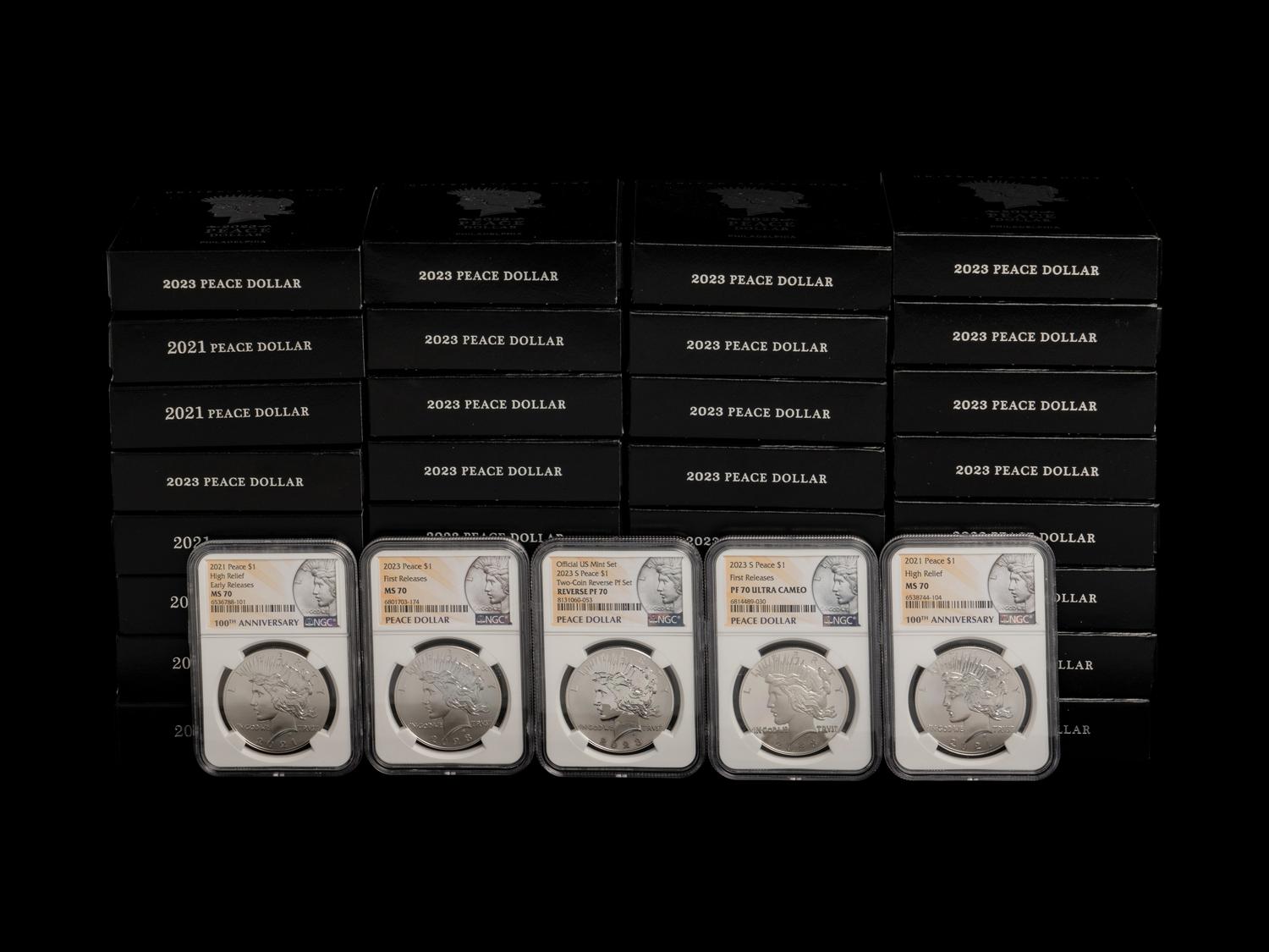 A Collection of Thirty-Seven Peace Commemorative $1 Proof and Mint Coins